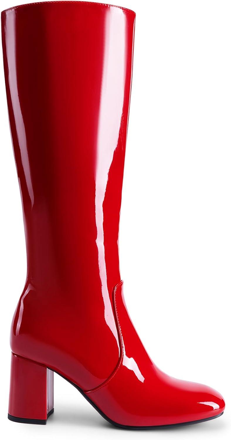 imageDREAM PAIRS Womens Gogo Boots Square Toe Side Zipper Chunky Heel Knee High Boots For WomenRed