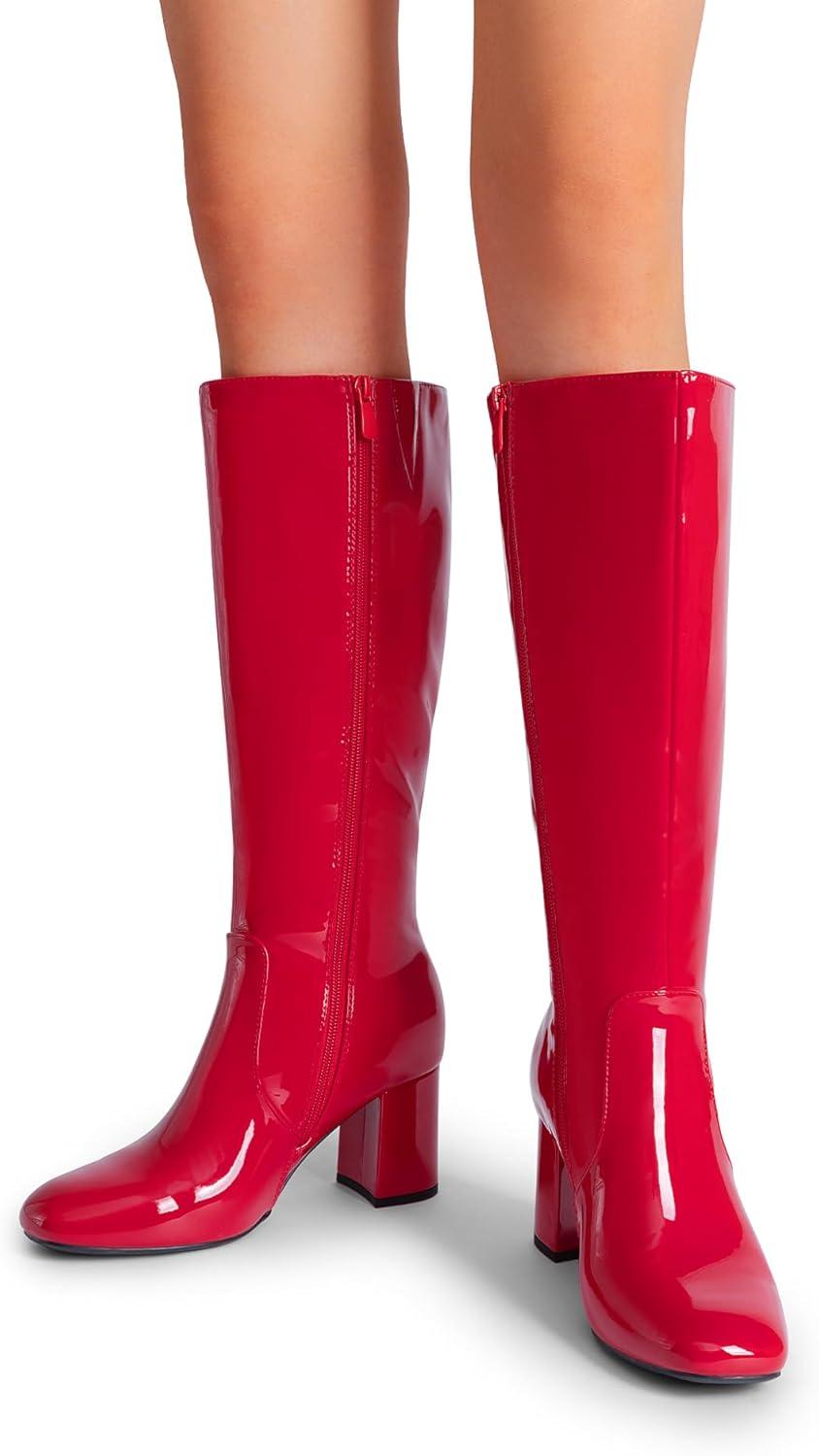 imageDREAM PAIRS Womens Gogo Boots Square Toe Side Zipper Chunky Heel Knee High Boots For WomenRed