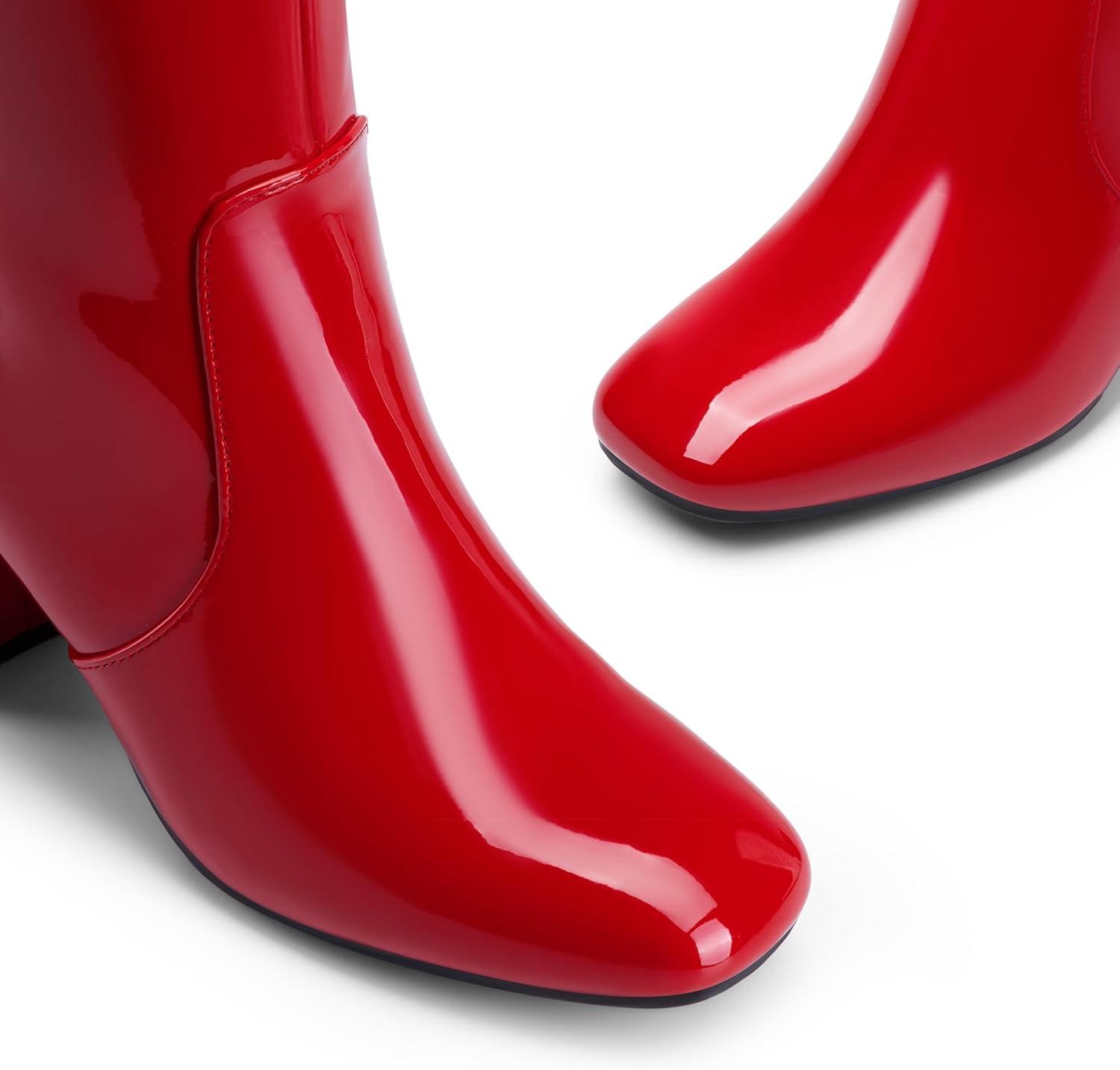 imageDREAM PAIRS Womens Gogo Boots Square Toe Side Zipper Chunky Heel Knee High Boots For WomenRed