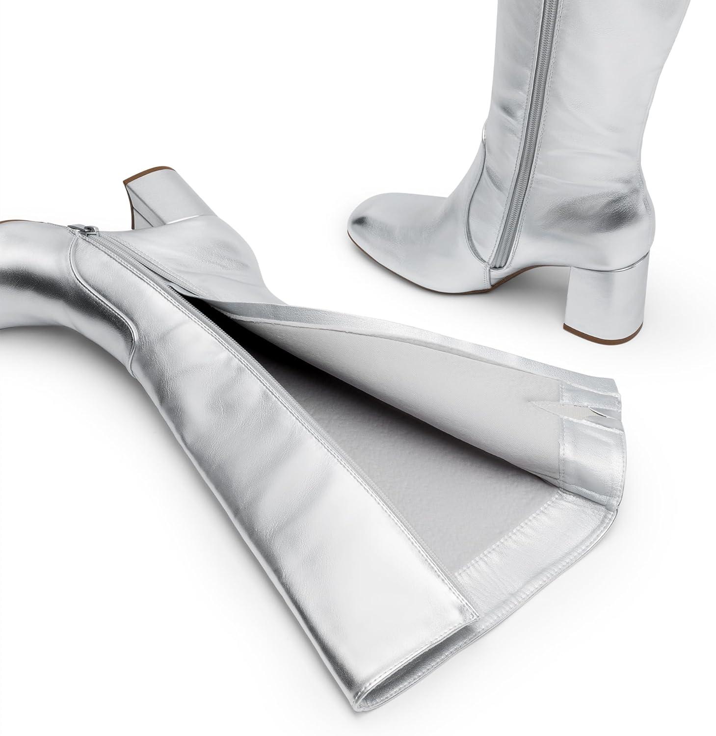 imageDREAM PAIRS Womens Gogo Boots Square Toe Side Zipper Chunky Heel Knee High Boots For WomenSilver