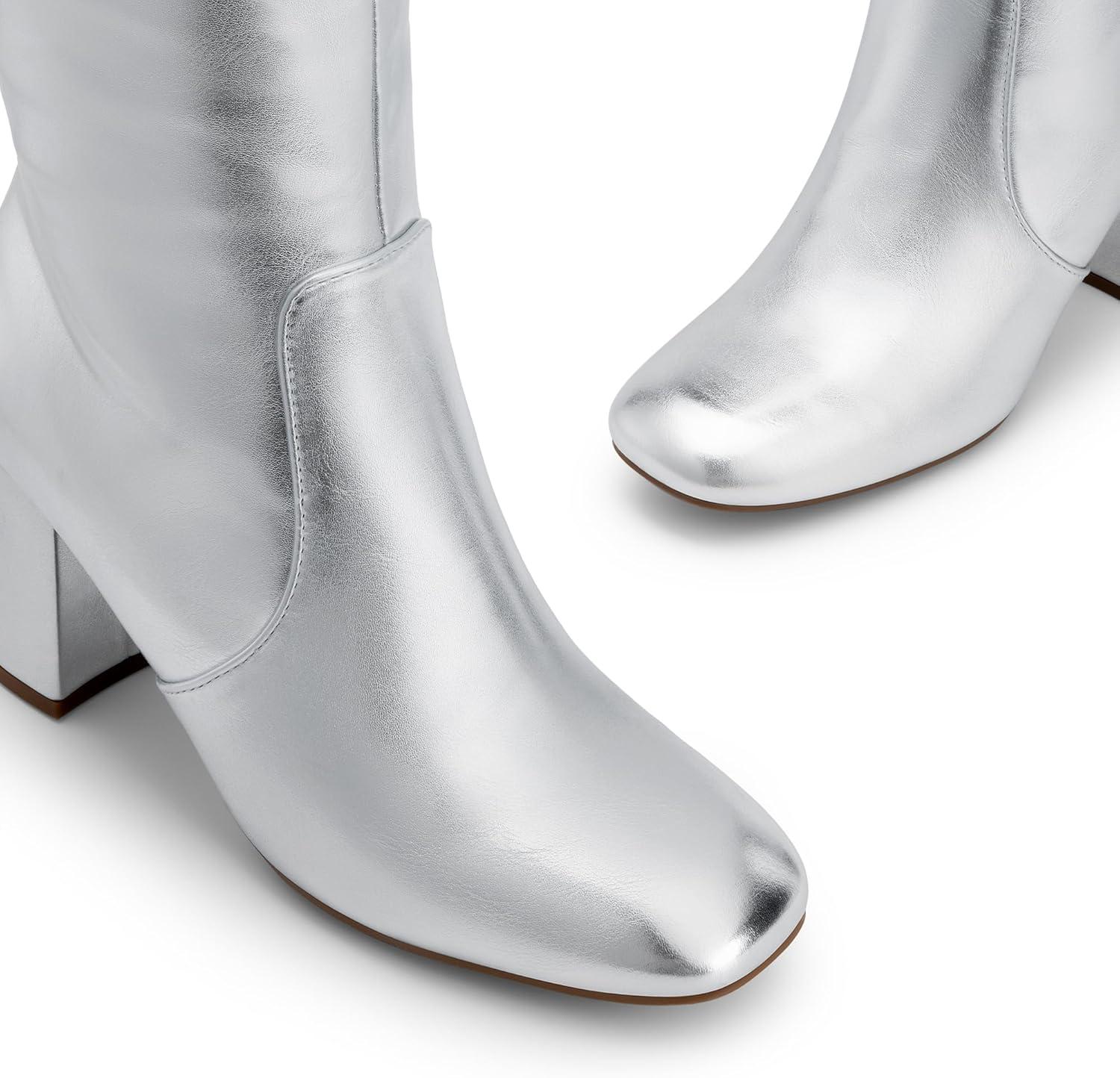 imageDREAM PAIRS Womens Gogo Boots Square Toe Side Zipper Chunky Heel Knee High Boots For WomenSilver