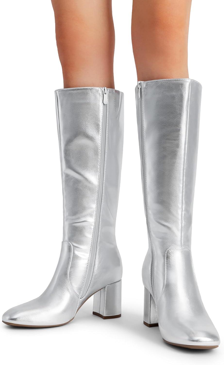 imageDREAM PAIRS Womens Gogo Boots Square Toe Side Zipper Chunky Heel Knee High Boots For WomenSilver