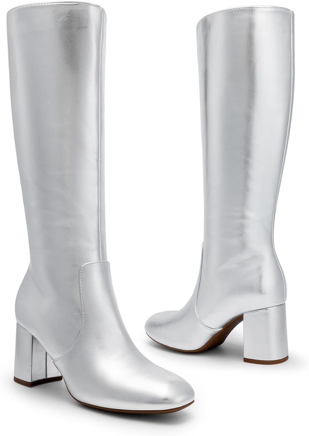 imageDREAM PAIRS Womens Gogo Boots Square Toe Side Zipper Chunky Heel Knee High Boots For WomenSilver