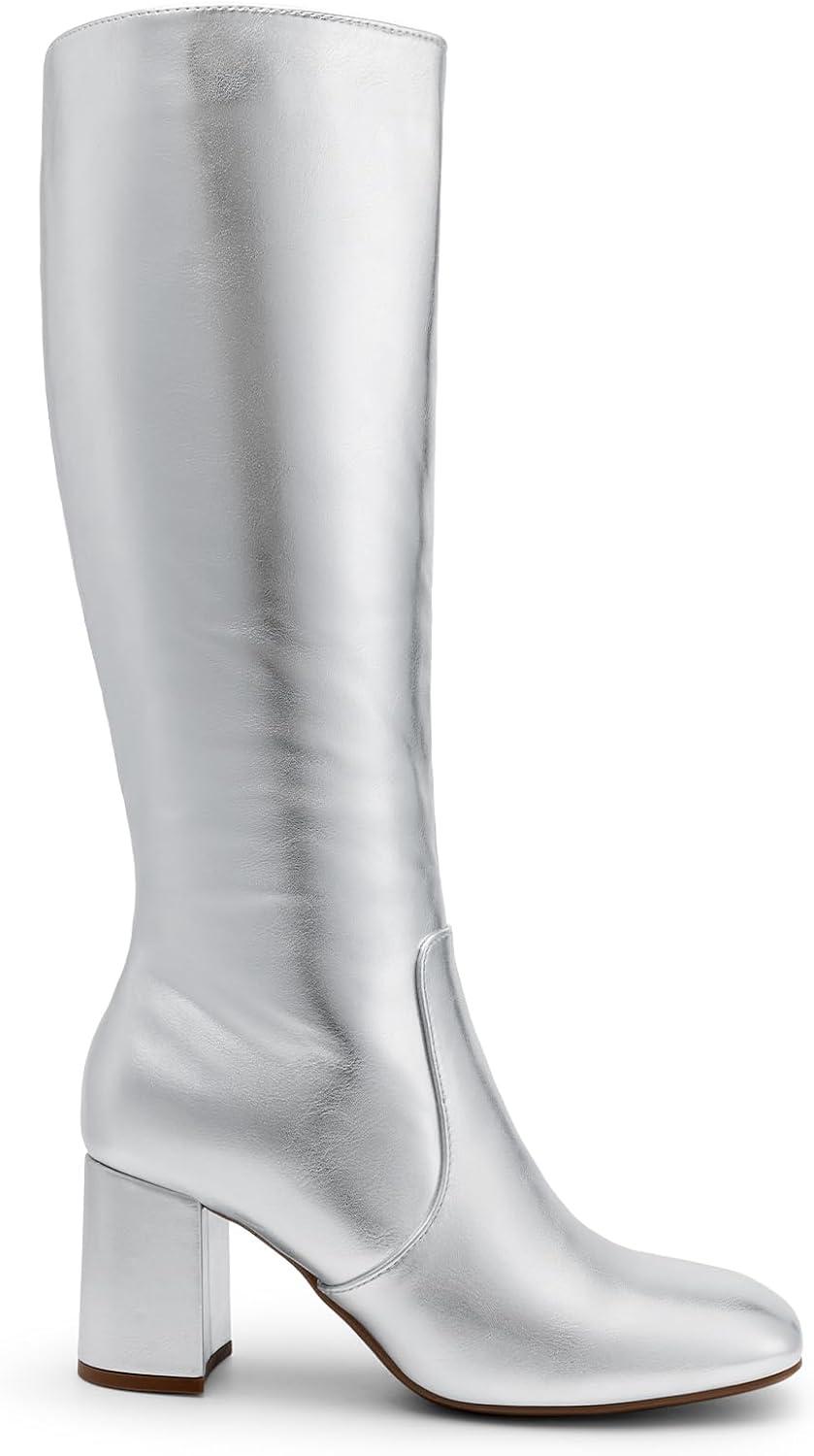 imageDREAM PAIRS Womens Gogo Boots Square Toe Side Zipper Chunky Heel Knee High Boots For WomenSilver