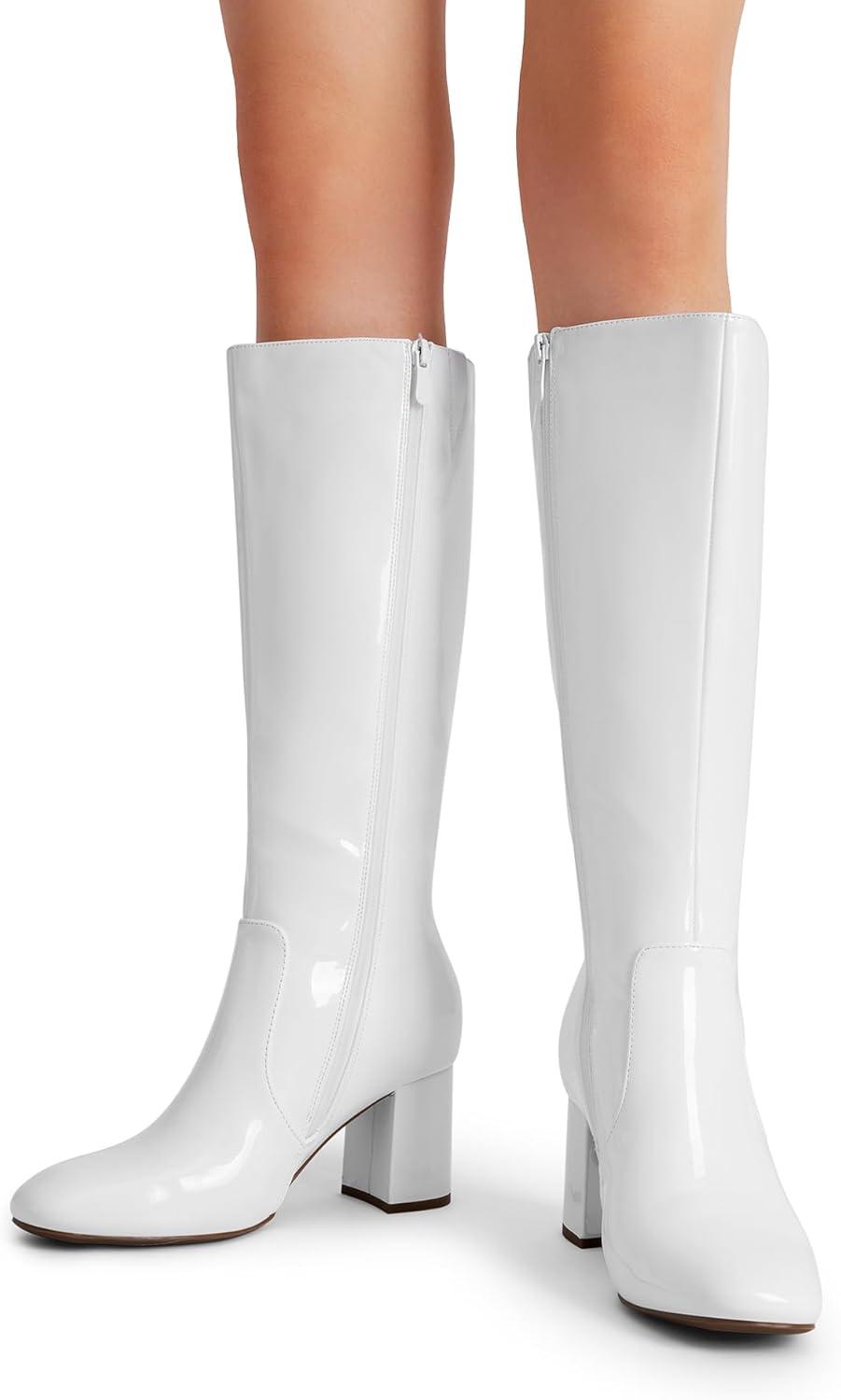 imageDREAM PAIRS Womens Gogo Boots Square Toe Side Zipper Chunky Heel Knee High Boots For WomenWhite