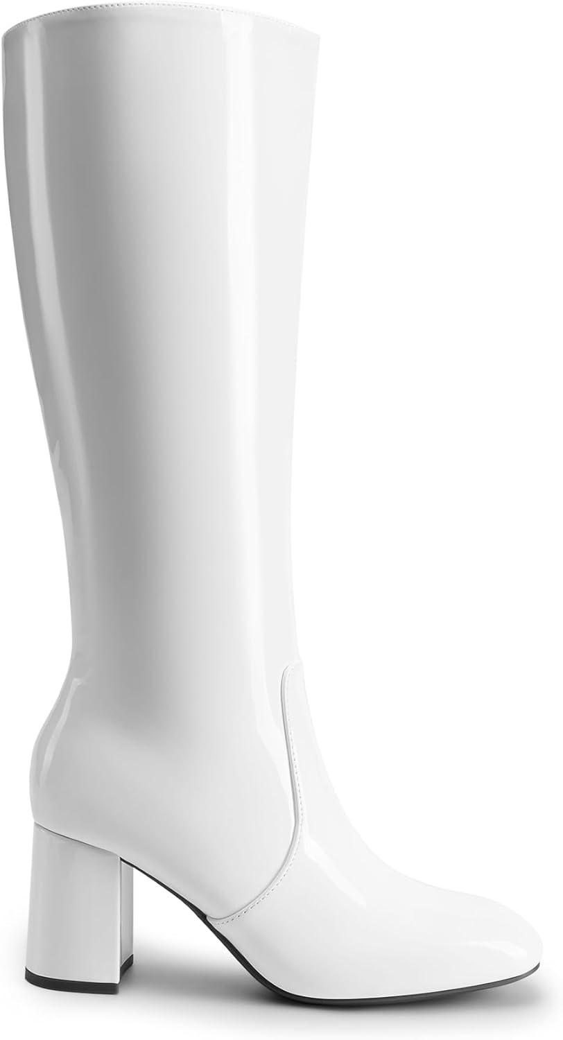 imageDREAM PAIRS Womens Gogo Boots Square Toe Side Zipper Chunky Heel Knee High Boots For WomenWhite
