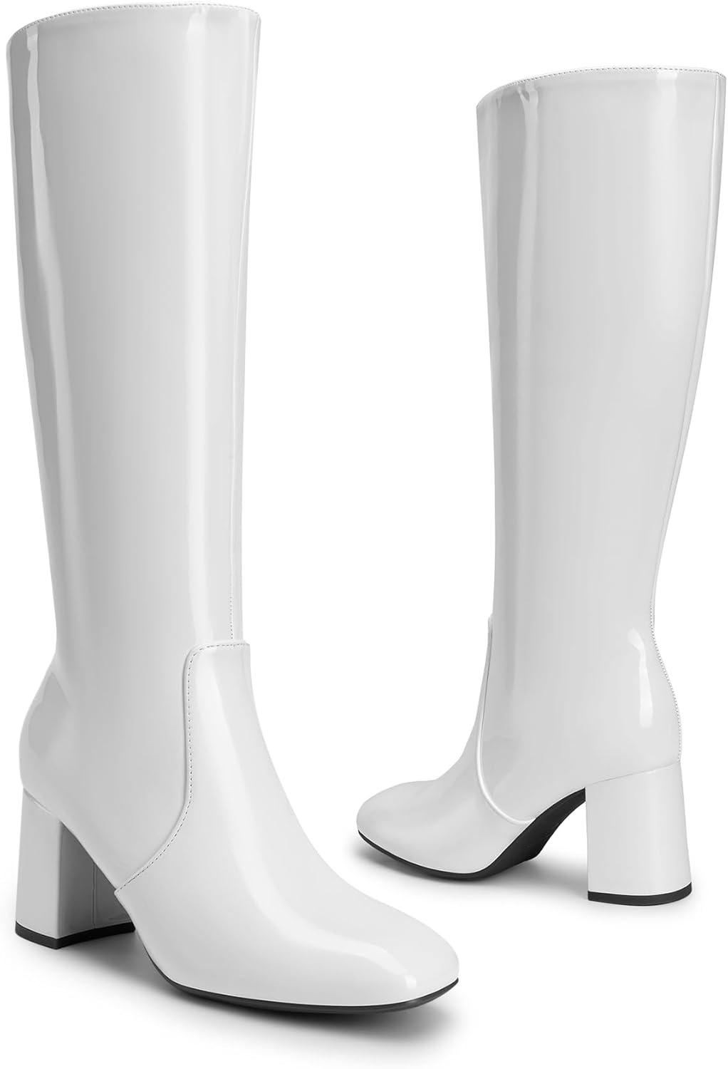 imageDREAM PAIRS Womens Gogo Boots Square Toe Side Zipper Chunky Heel Knee High Boots For WomenWhite