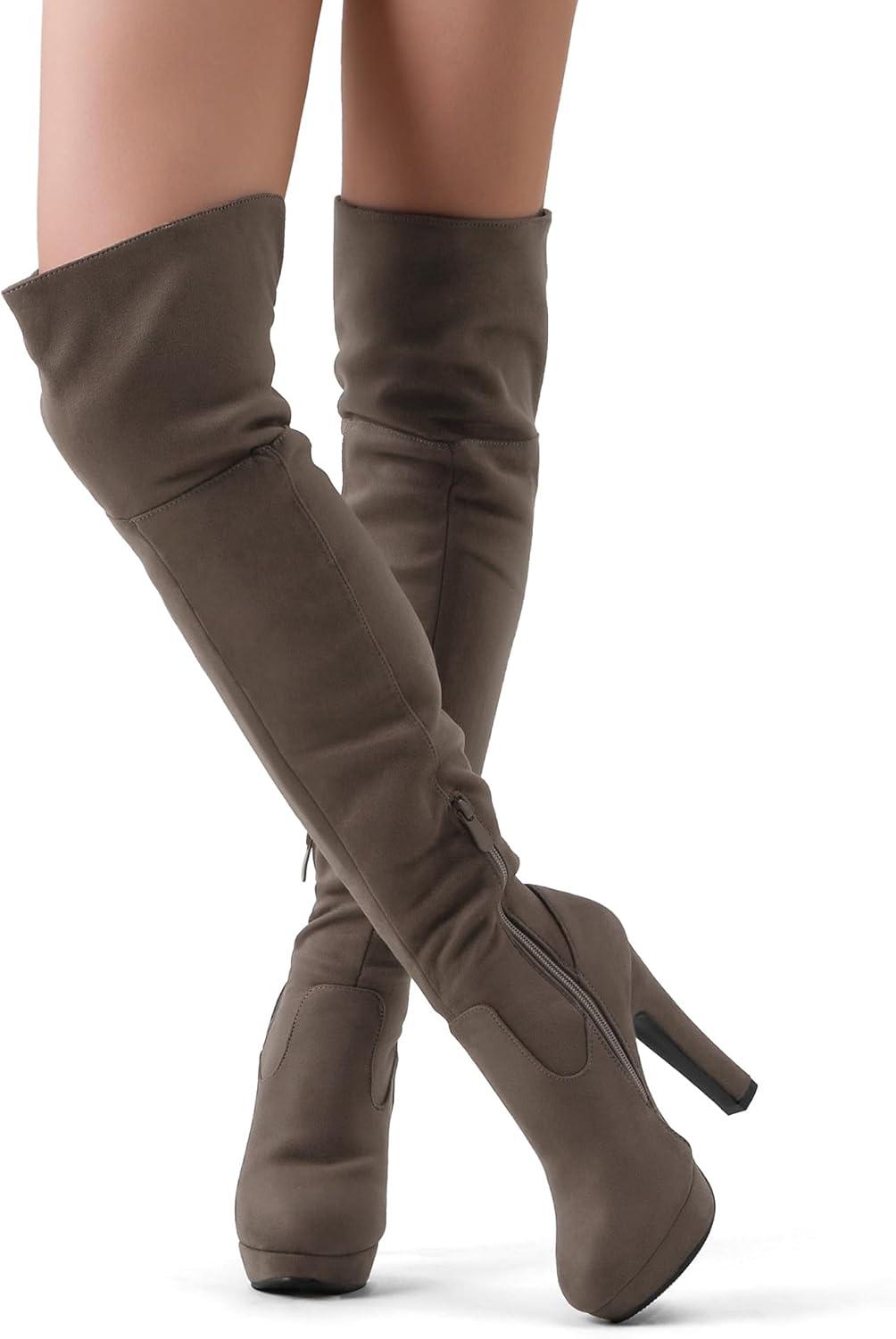 imageDREAM PAIRS Womens HIGHPLAT Black Chunky Thigh High Over The Knee High Heel BootsKhaki