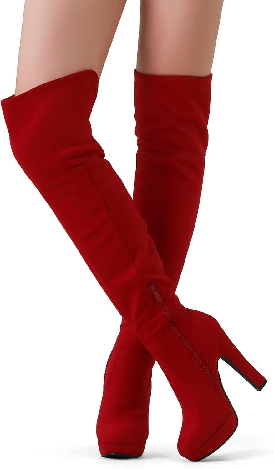 imageDREAM PAIRS Womens HIGHPLAT Black Chunky Thigh High Over The Knee High Heel BootsRed