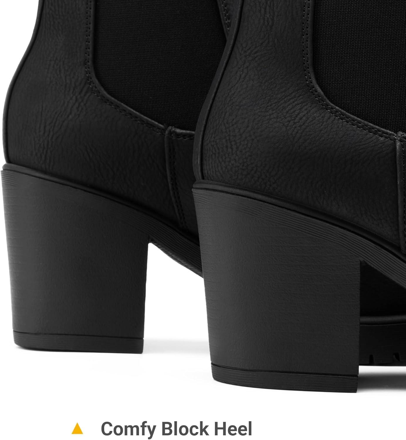 imageDREAM PAIRS Womens High Chunky Heel Chelsea Ankle Boots Slip On Elastic Fall Heeled Booties ShoesBlackPu