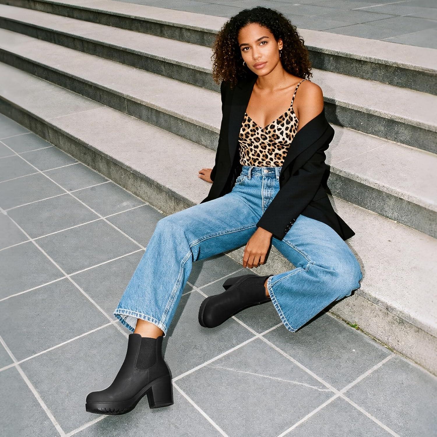 imageDREAM PAIRS Womens High Chunky Heel Chelsea Ankle Boots Slip On Elastic Fall Heeled Booties ShoesBlackPu