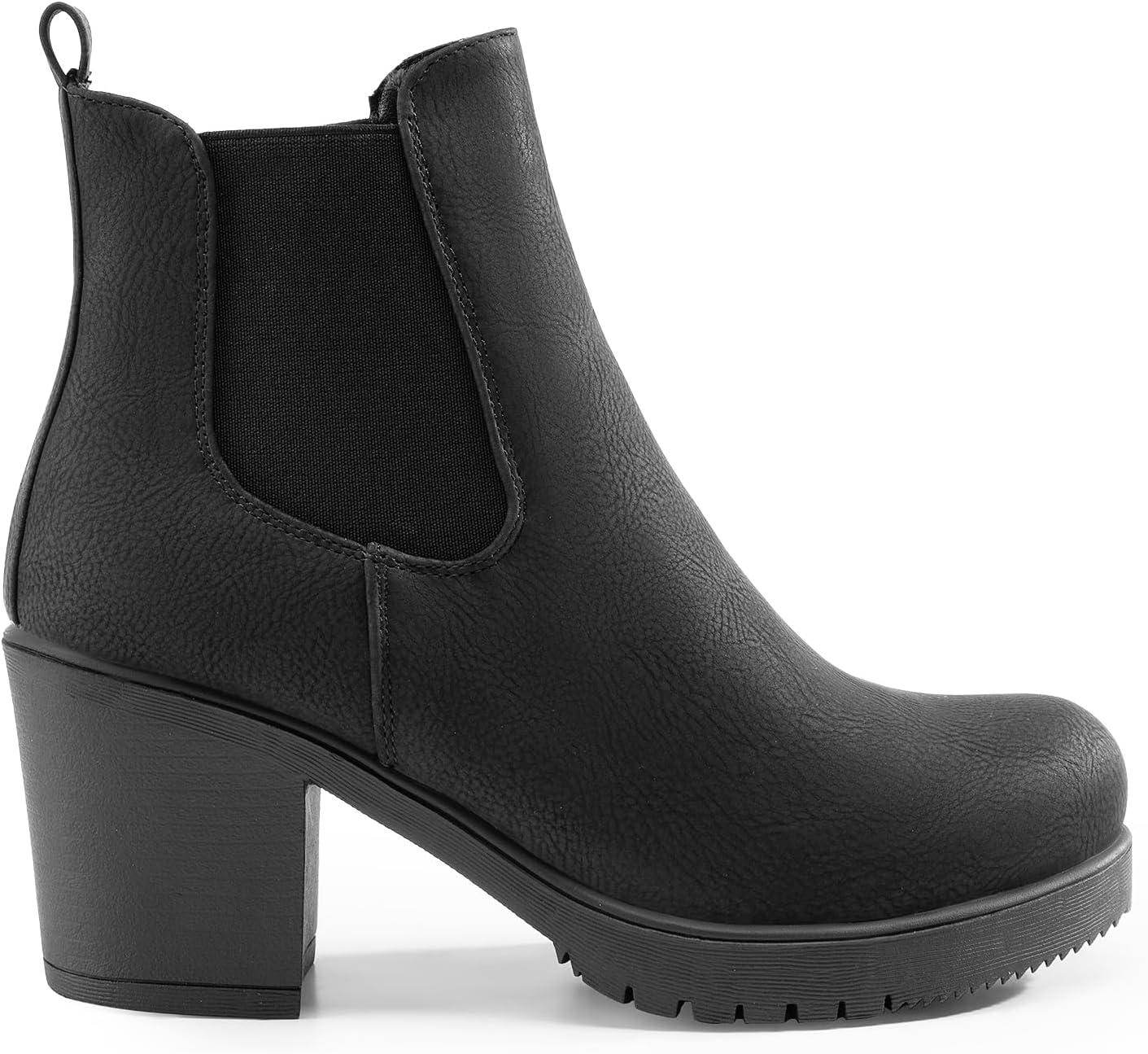 imageDREAM PAIRS Womens High Chunky Heel Chelsea Ankle Boots Slip On Elastic Fall Heeled Booties ShoesBlackPu