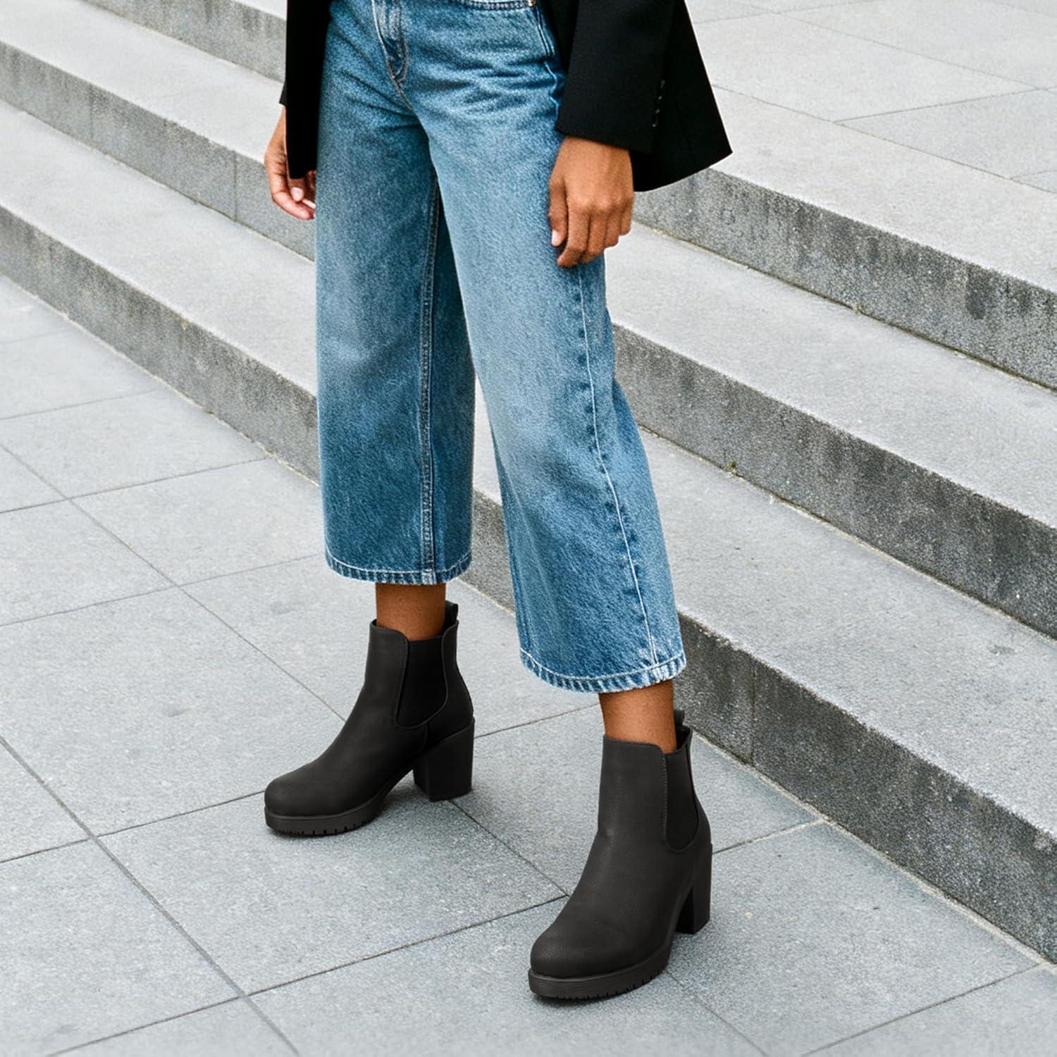 imageDREAM PAIRS Womens High Chunky Heel Chelsea Ankle Boots Slip On Elastic Fall Heeled Booties ShoesBlackPu