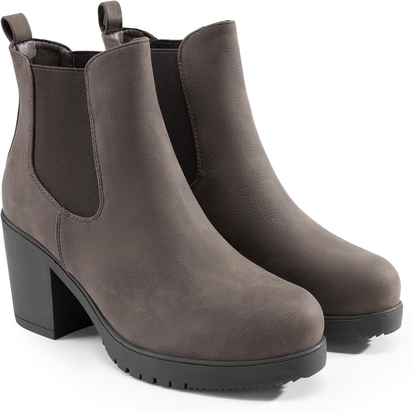 imageDREAM PAIRS Womens High Chunky Heel Chelsea Ankle Boots Slip On Elastic Fall Heeled Booties ShoesBrownPu