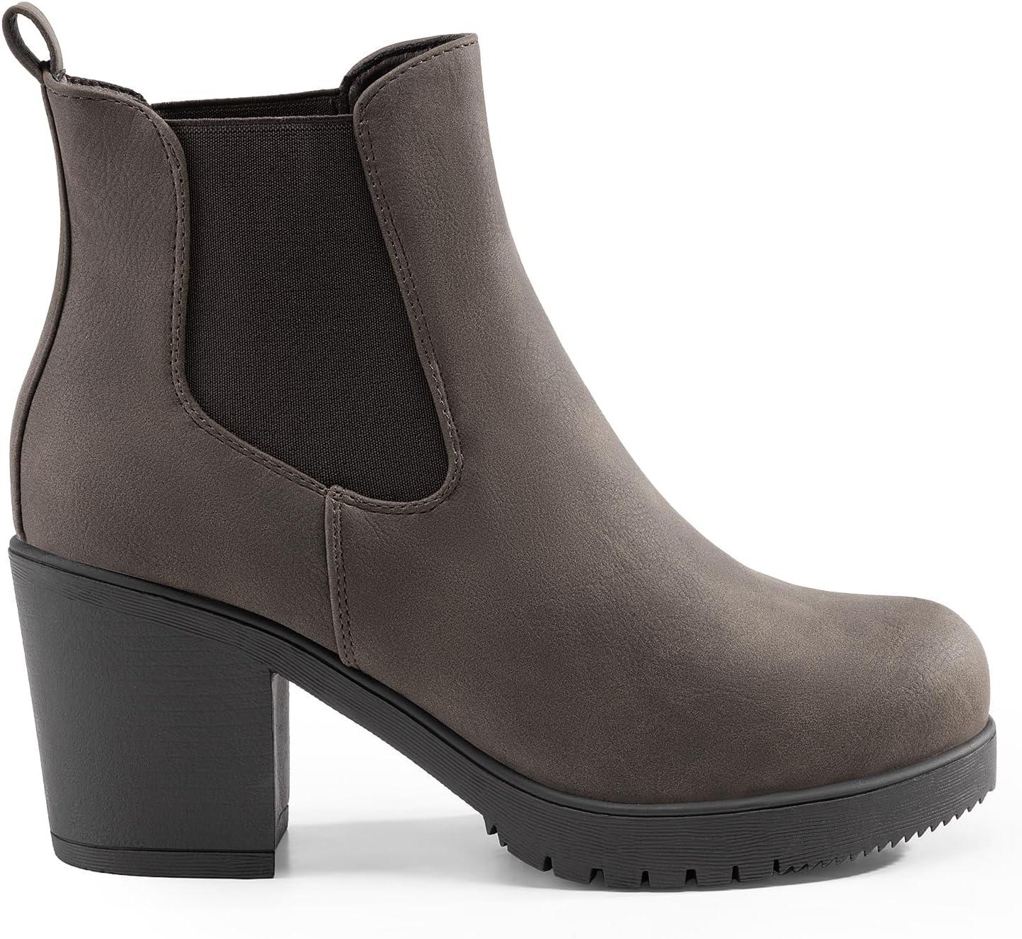 imageDREAM PAIRS Womens High Chunky Heel Chelsea Ankle Boots Slip On Elastic Fall Heeled Booties ShoesBrownPu