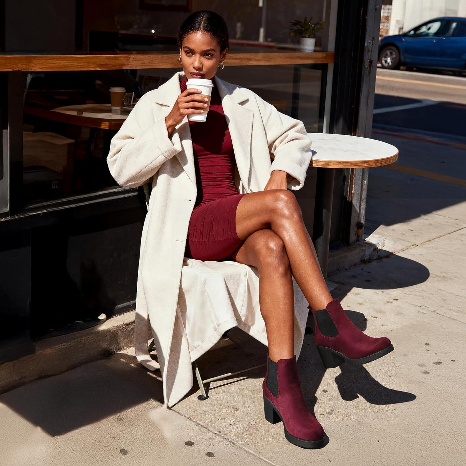 imageDREAM PAIRS Womens High Chunky Heel Chelsea Ankle Boots Slip On Elastic Fall Heeled Booties ShoesBurgundy