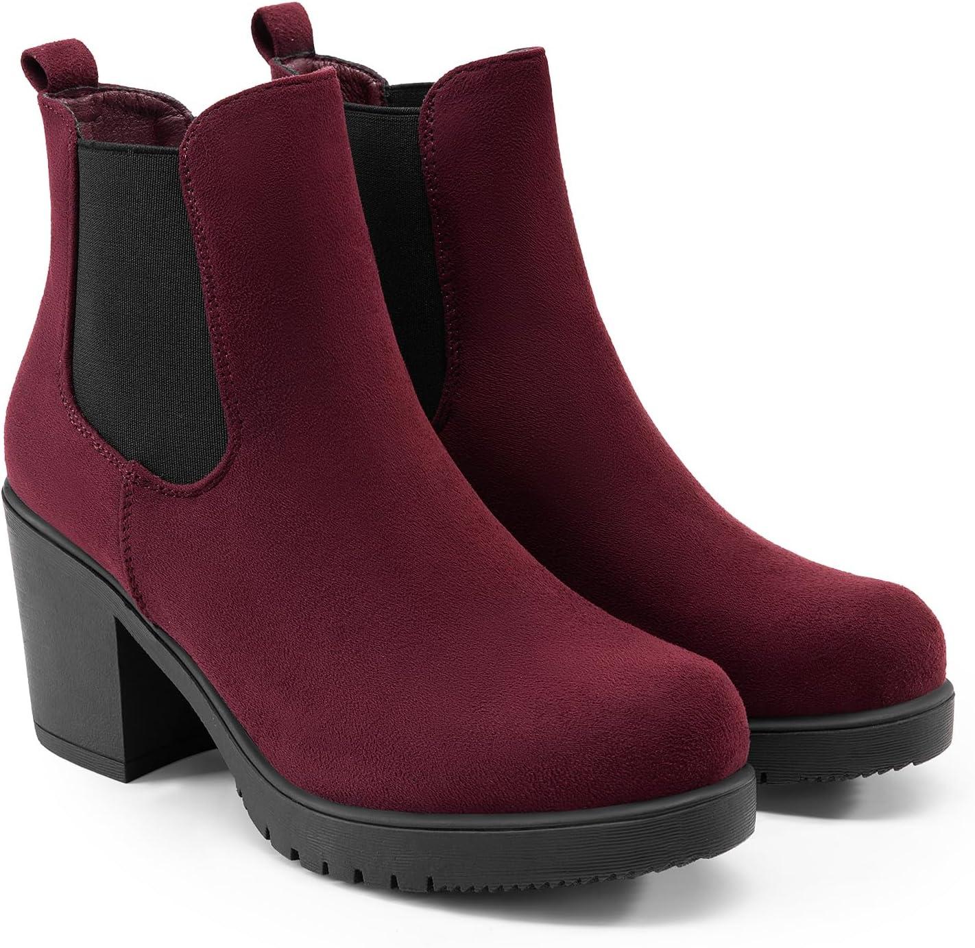 imageDREAM PAIRS Womens High Chunky Heel Chelsea Ankle Boots Slip On Elastic Fall Heeled Booties ShoesBurgundy