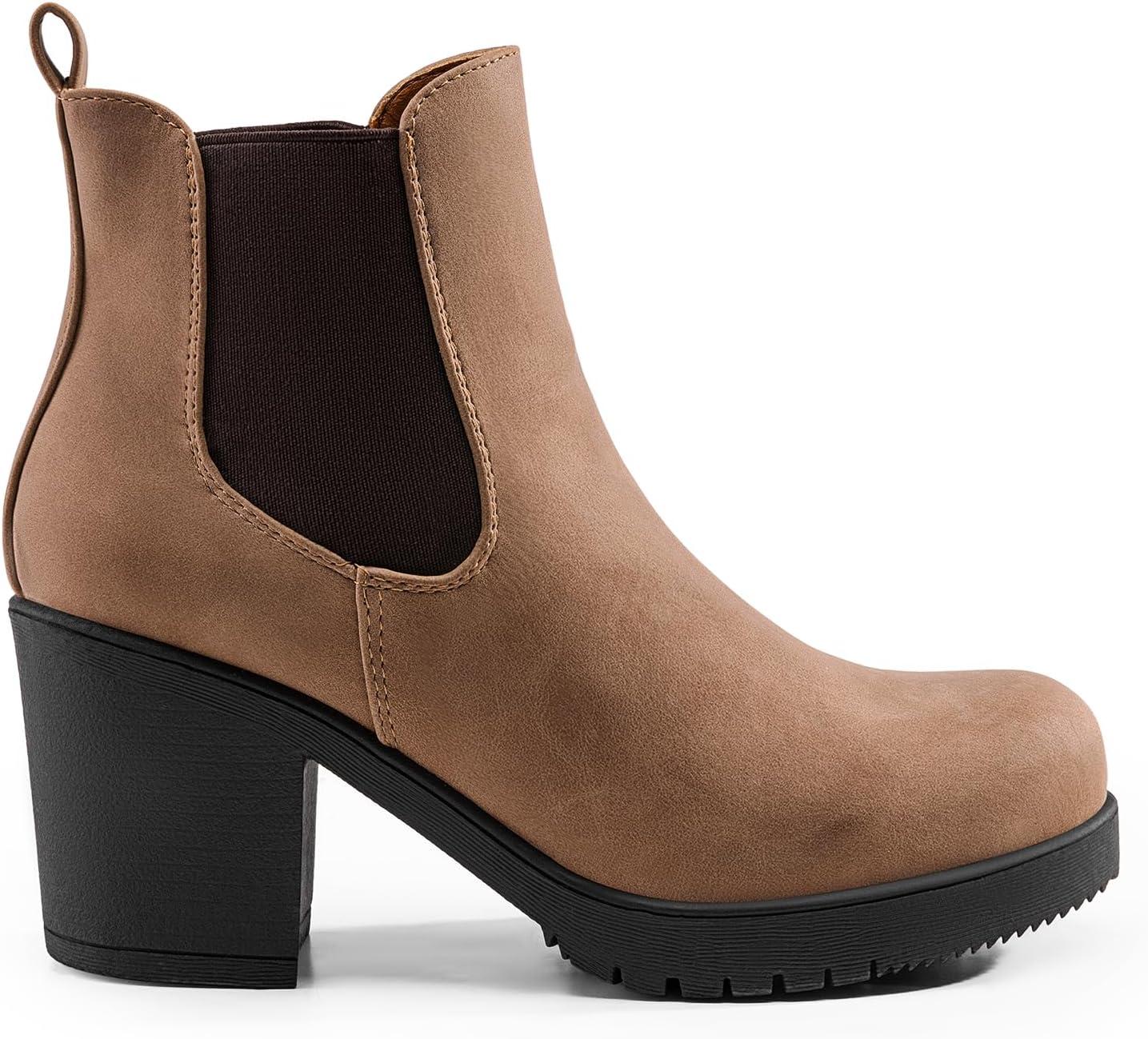 imageDREAM PAIRS Womens High Chunky Heel Chelsea Ankle Boots Slip On Elastic Fall Heeled Booties ShoesCamelPu