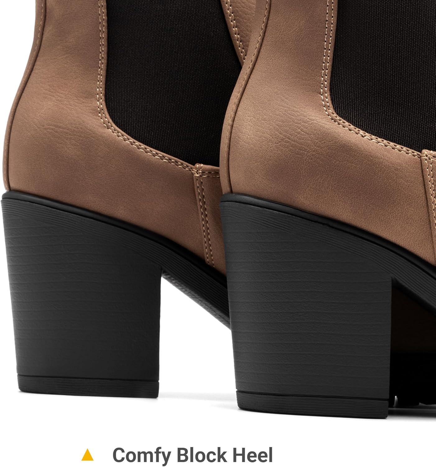 imageDREAM PAIRS Womens High Chunky Heel Chelsea Ankle Boots Slip On Elastic Fall Heeled Booties ShoesCamelPu