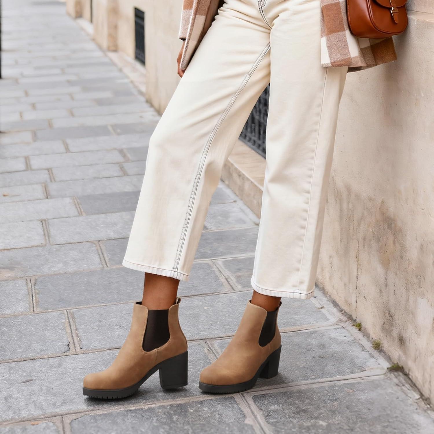 imageDREAM PAIRS Womens High Chunky Heel Chelsea Ankle Boots Slip On Elastic Fall Heeled Booties ShoesCamelPu