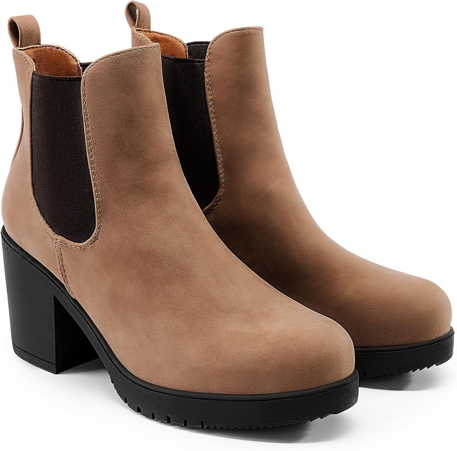 imageDREAM PAIRS Womens High Chunky Heel Chelsea Ankle Boots Slip On Elastic Fall Heeled Booties ShoesCamelPu