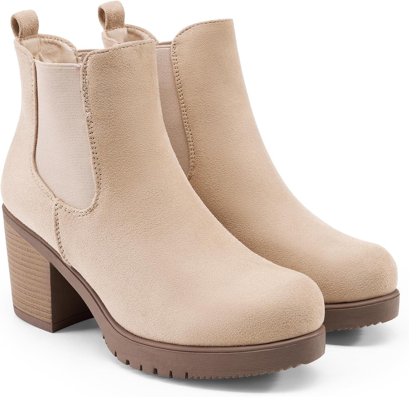 imageDREAM PAIRS Womens High Chunky Heel Chelsea Ankle Boots Slip On Elastic Fall Heeled Booties ShoesNudesuede