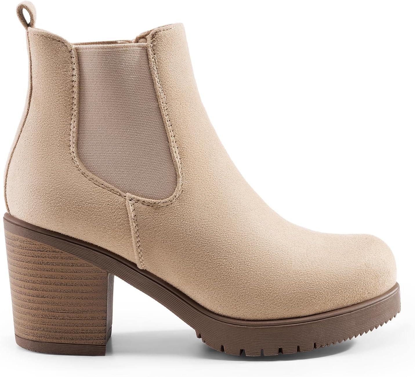 imageDREAM PAIRS Womens High Chunky Heel Chelsea Ankle Boots Slip On Elastic Fall Heeled Booties ShoesNudesuede