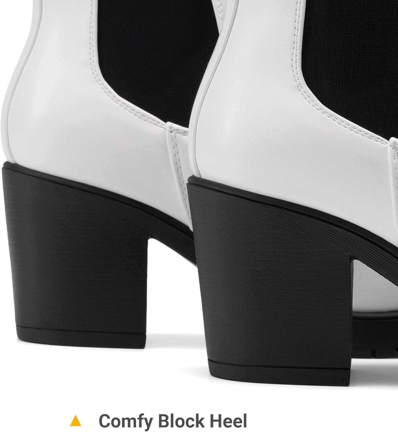 imageDREAM PAIRS Womens High Chunky Heel Chelsea Ankle Boots Slip On Elastic Fall Heeled Booties ShoesWhiteBlack