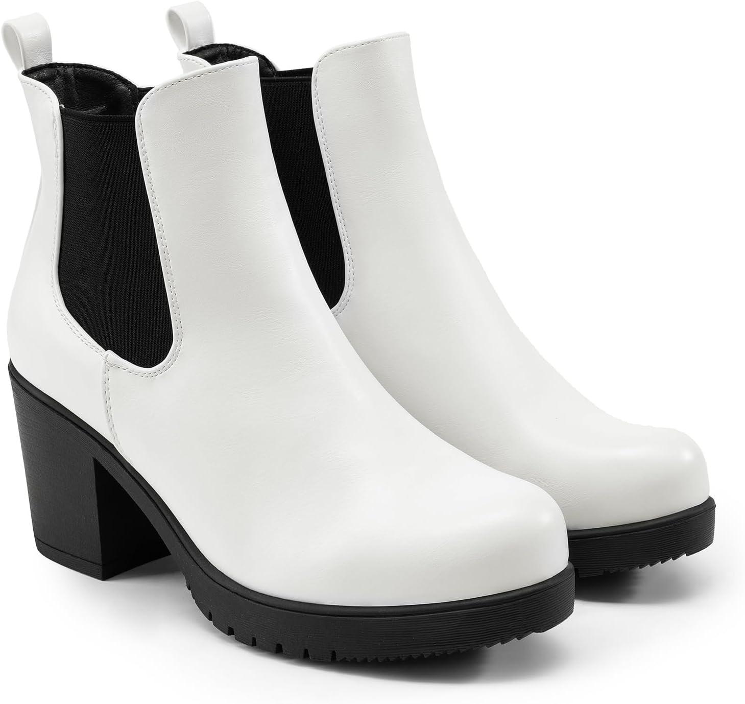 imageDREAM PAIRS Womens High Chunky Heel Chelsea Ankle Boots Slip On Elastic Fall Heeled Booties ShoesWhiteBlack