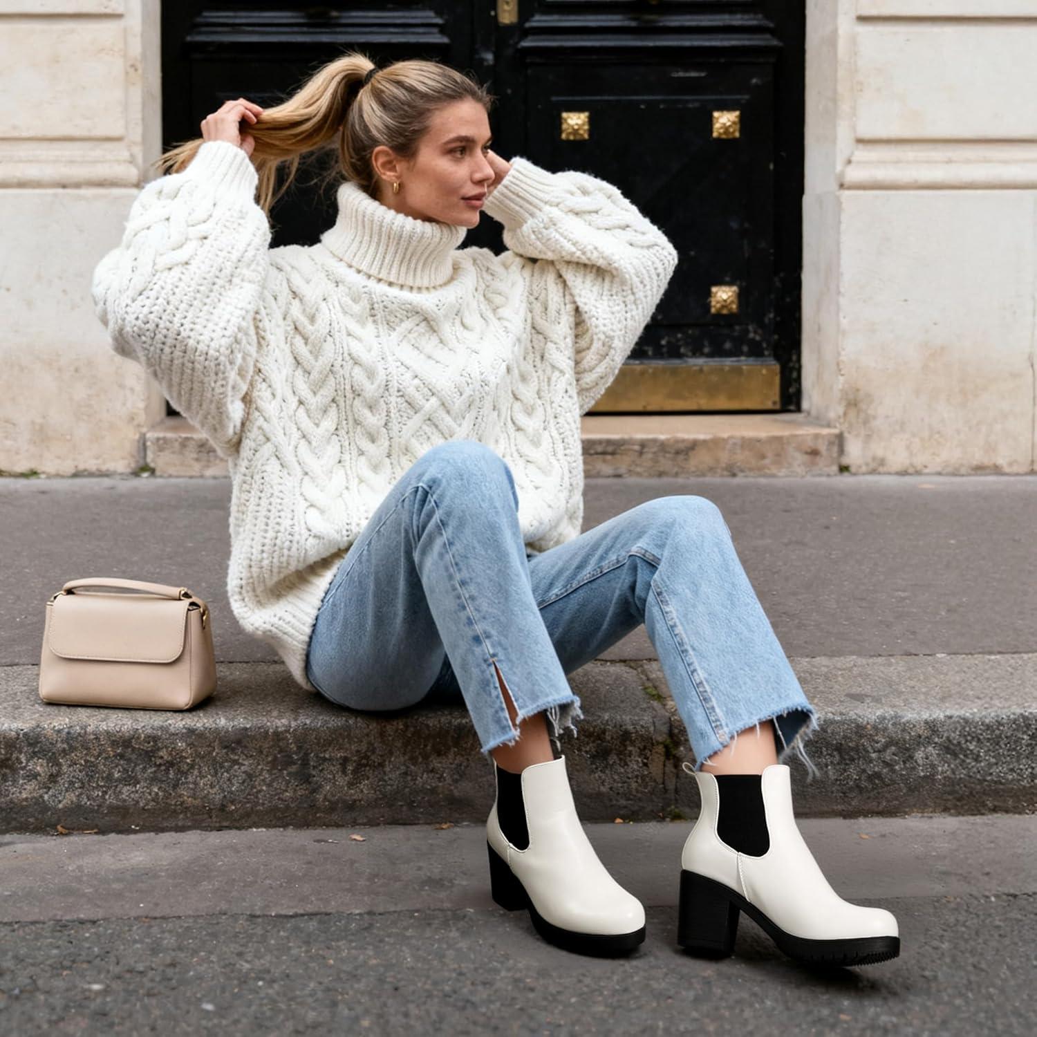 imageDREAM PAIRS Womens High Chunky Heel Chelsea Ankle Boots Slip On Elastic Fall Heeled Booties ShoesWhiteBlack