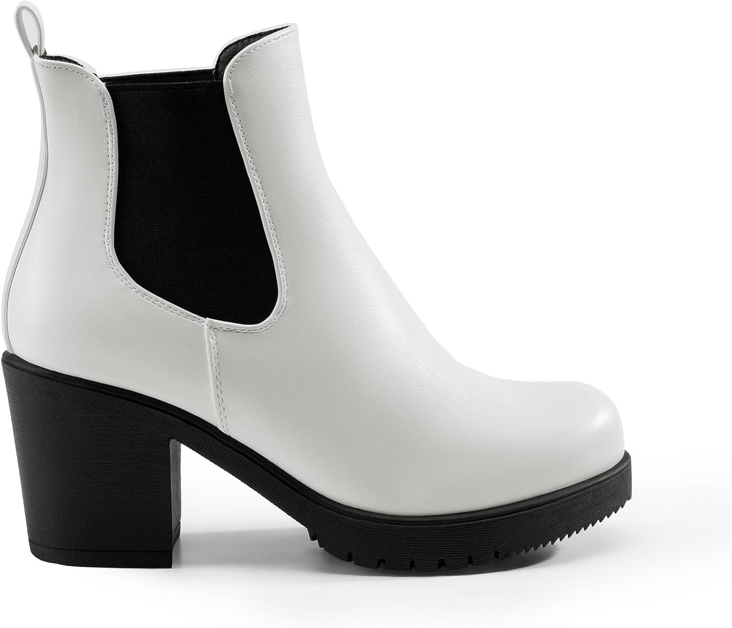 imageDREAM PAIRS Womens High Chunky Heel Chelsea Ankle Boots Slip On Elastic Fall Heeled Booties ShoesWhiteBlack