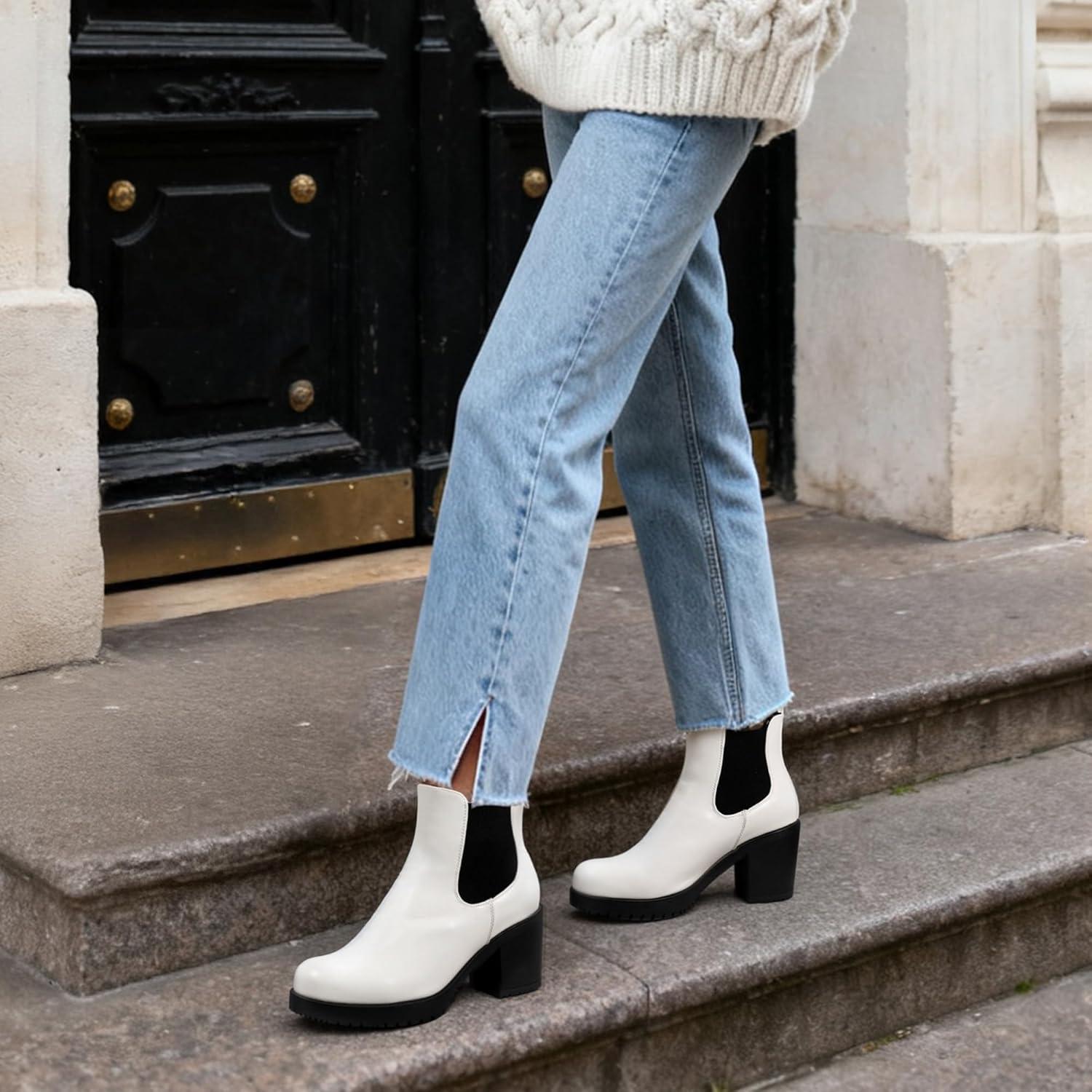 imageDREAM PAIRS Womens High Chunky Heel Chelsea Ankle Boots Slip On Elastic Fall Heeled Booties ShoesWhiteBlack