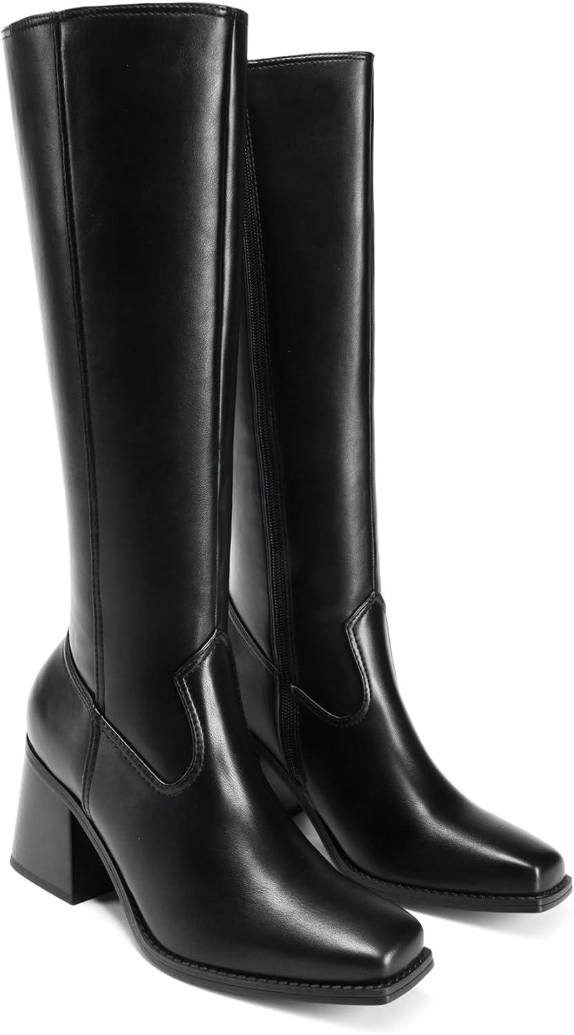 imageDREAM PAIRS Womens Knee High Boots Chunky Heel Square Toe Tall Boot for Women with Side ZipperBlack