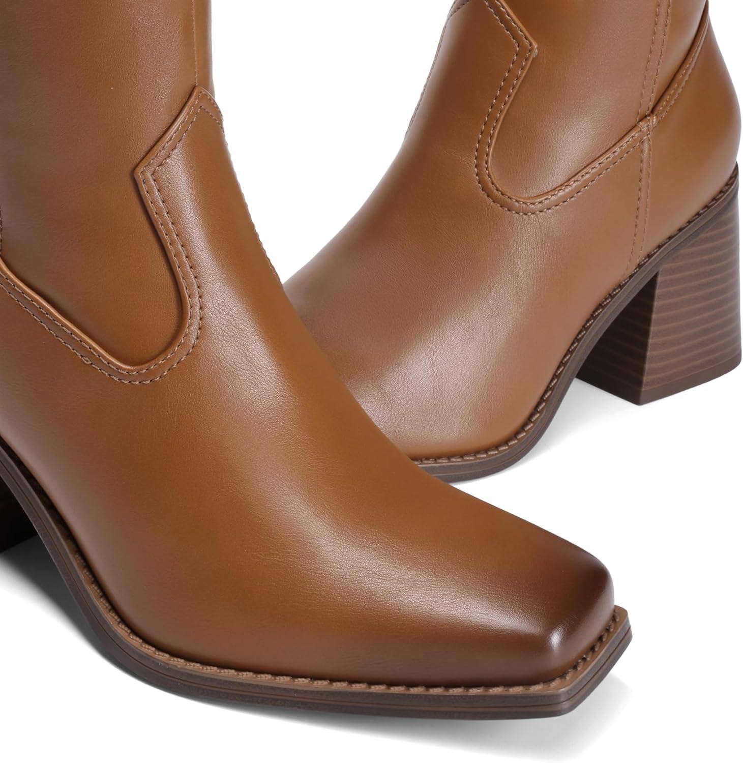 imageDREAM PAIRS Womens Knee High Boots Chunky Heel Square Toe Tall Boot for Women with Side ZipperBrown