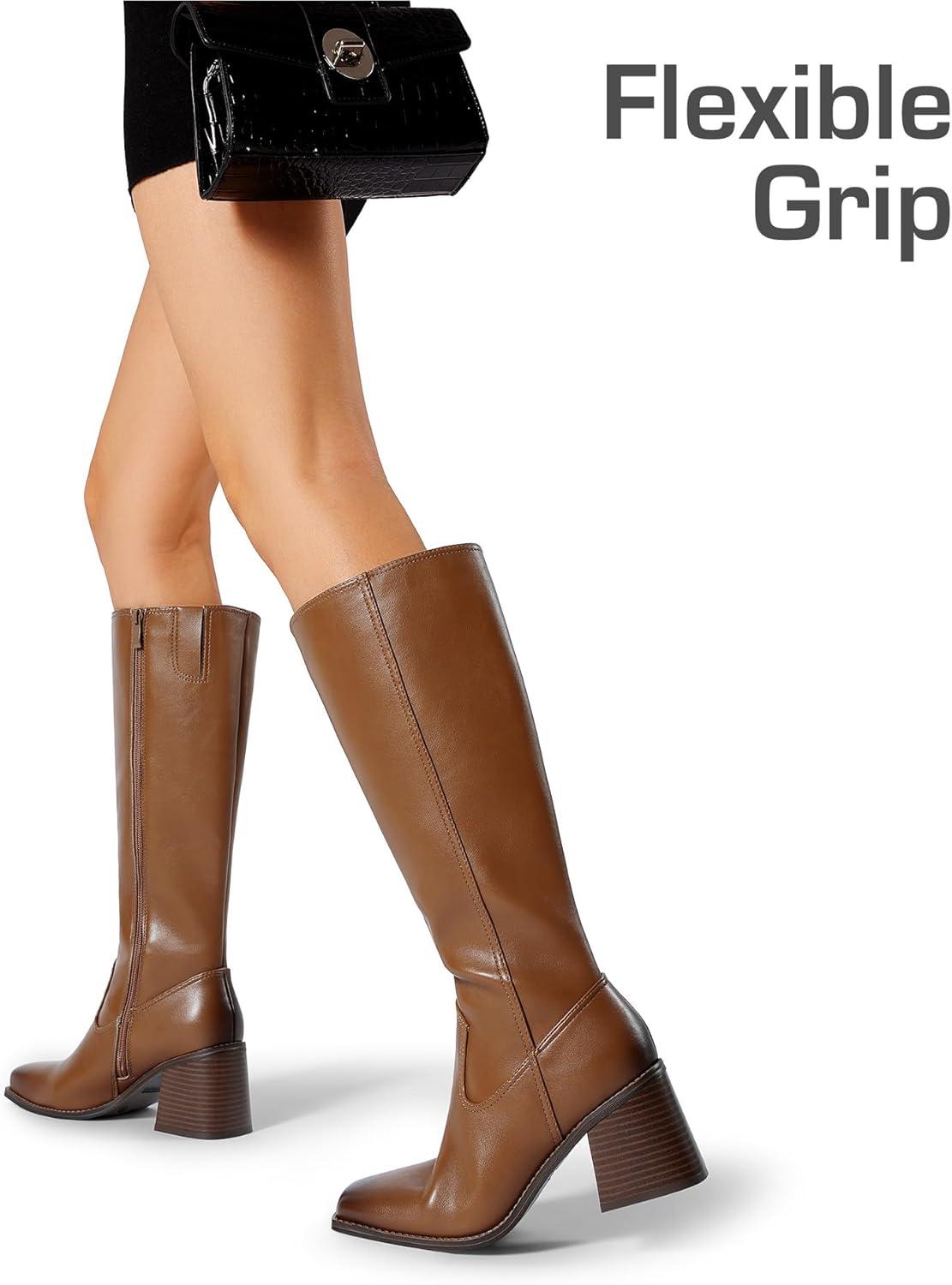 imageDREAM PAIRS Womens Knee High Boots Chunky Heel Square Toe Tall Boot for Women with Side ZipperBrown