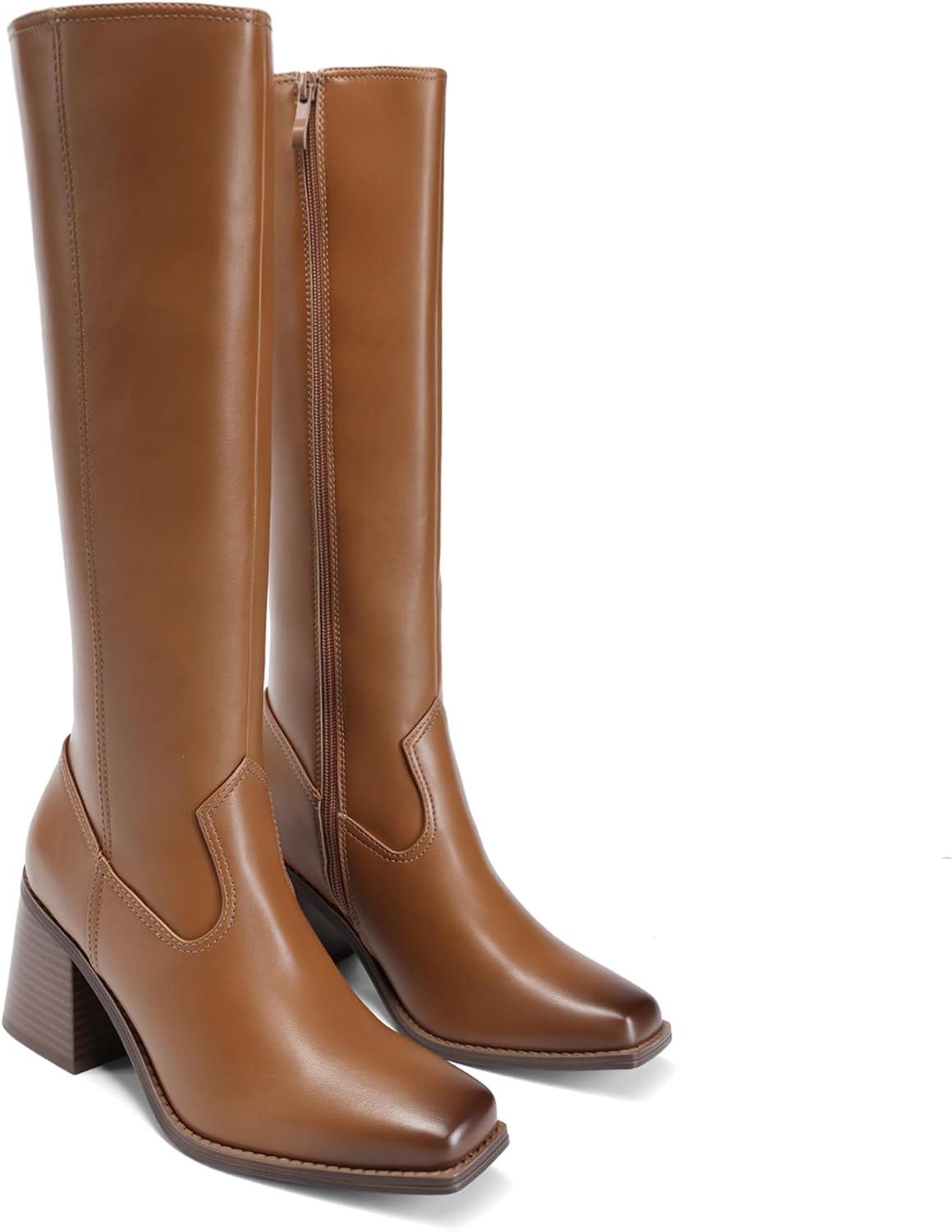 imageDREAM PAIRS Womens Knee High Boots Chunky Heel Square Toe Tall Boot for Women with Side ZipperBrown