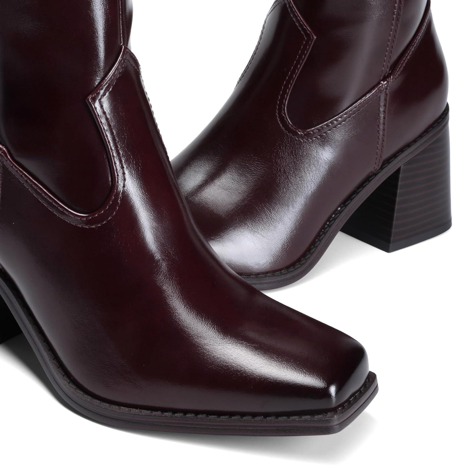 imageDREAM PAIRS Womens Knee High Boots Chunky Heel Square Toe Tall Boot for Women with Side ZipperBurgundy