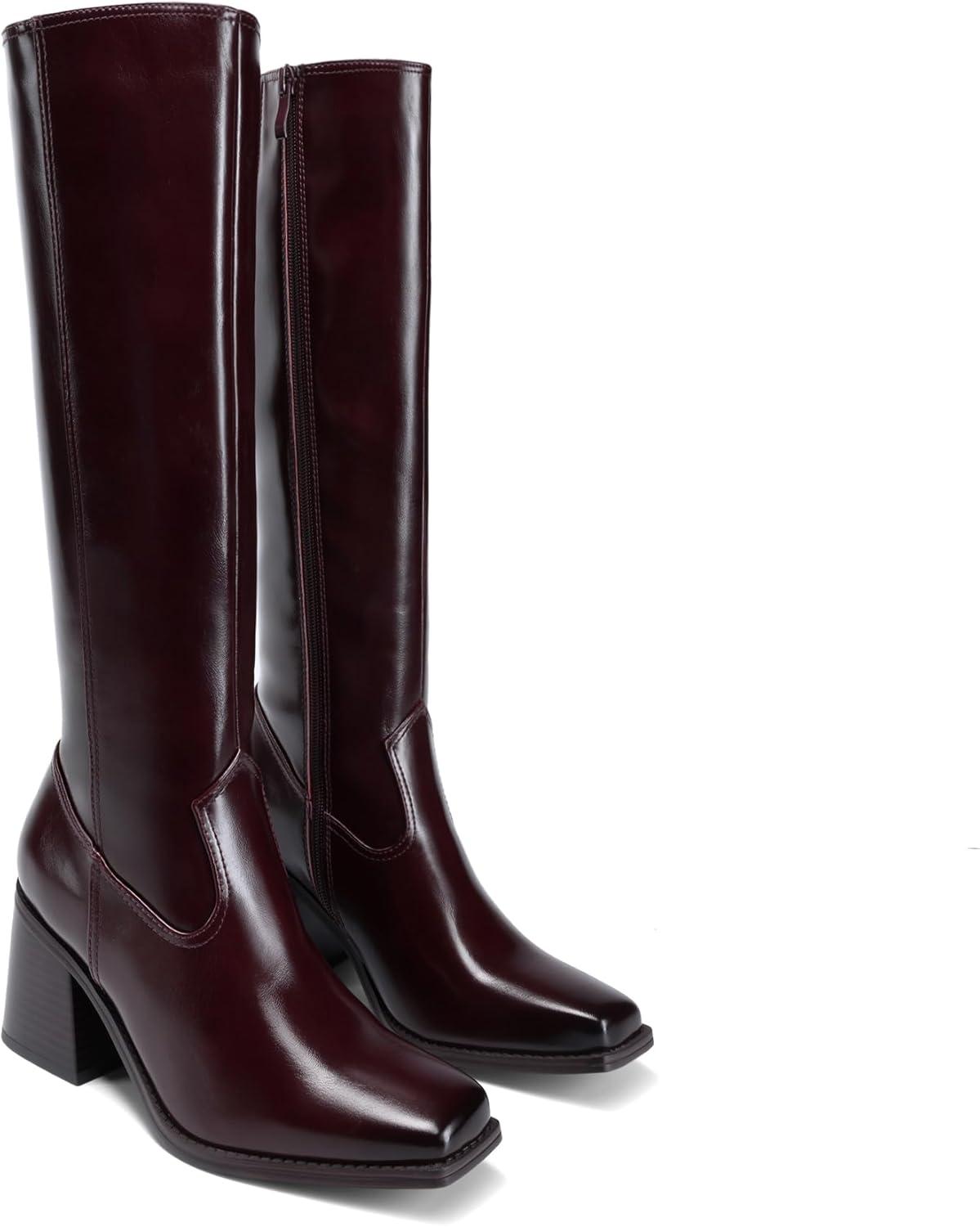 imageDREAM PAIRS Womens Knee High Boots Chunky Heel Square Toe Tall Boot for Women with Side ZipperBurgundy