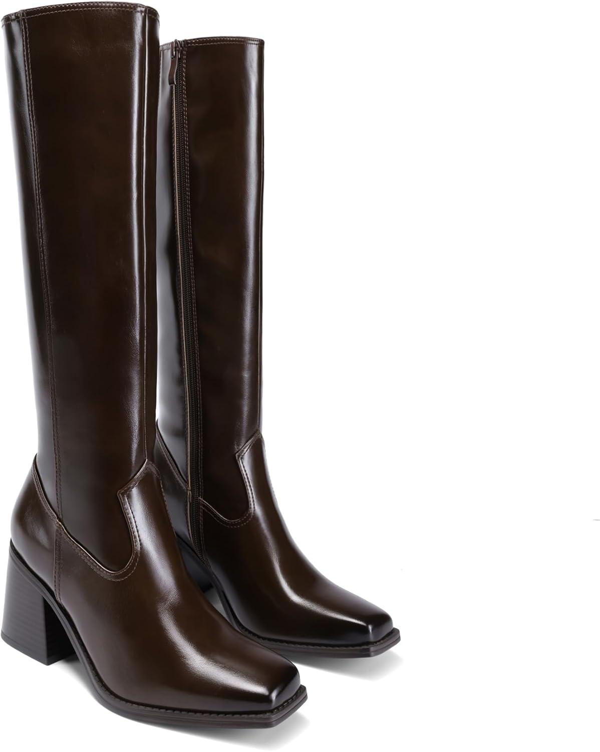 imageDREAM PAIRS Womens Knee High Boots Chunky Heel Square Toe Tall Boot for Women with Side ZipperDark Brown