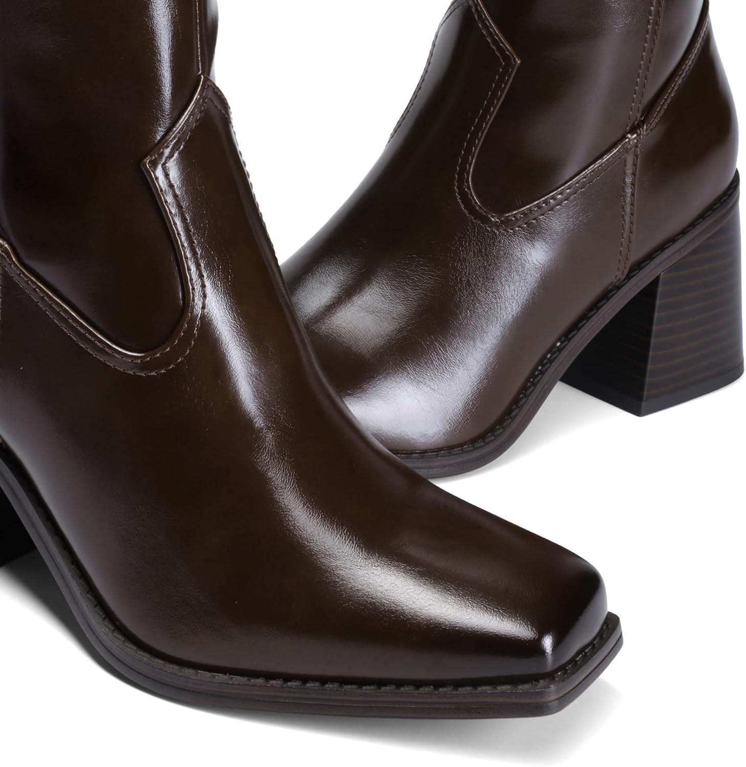 imageDREAM PAIRS Womens Knee High Boots Chunky Heel Square Toe Tall Boot for Women with Side ZipperDark Brown