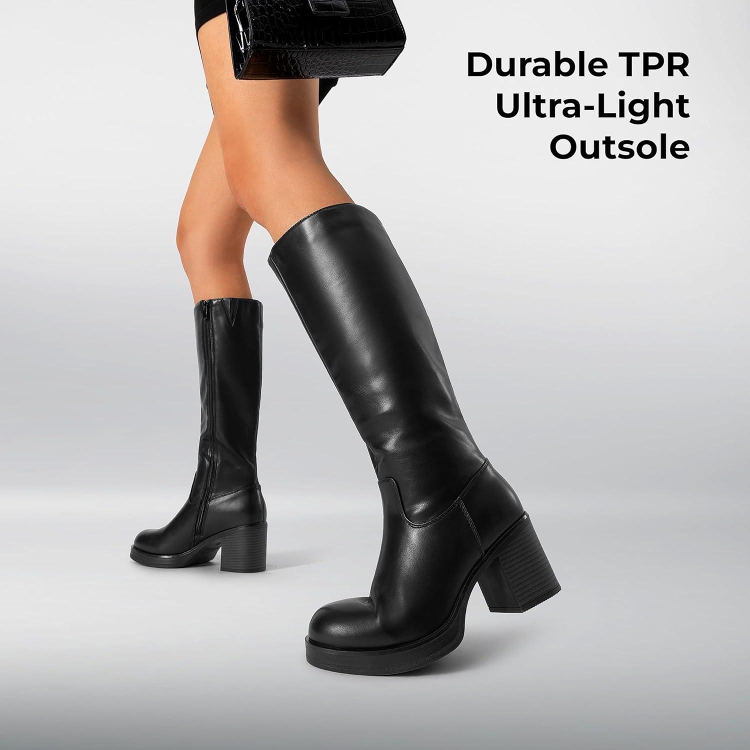 imageDREAM PAIRS Womens Knee High Boots Chunky Platform Heel Round Toe Boots for Women Side Zipper Stylish Comfortable Tall BootsBlack