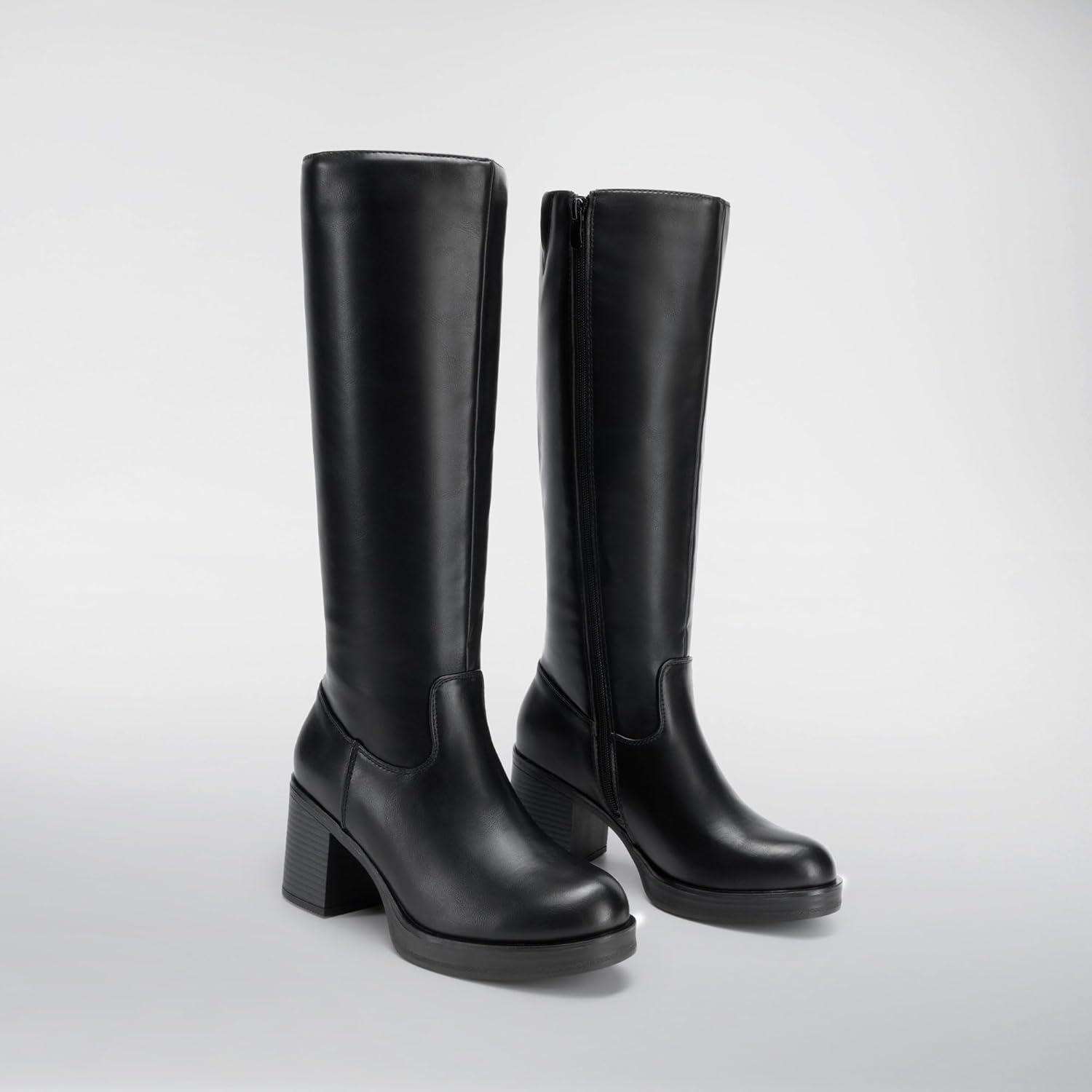 imageDREAM PAIRS Womens Knee High Boots Chunky Platform Heel Round Toe Boots for Women Side Zipper Stylish Comfortable Tall BootsBlack