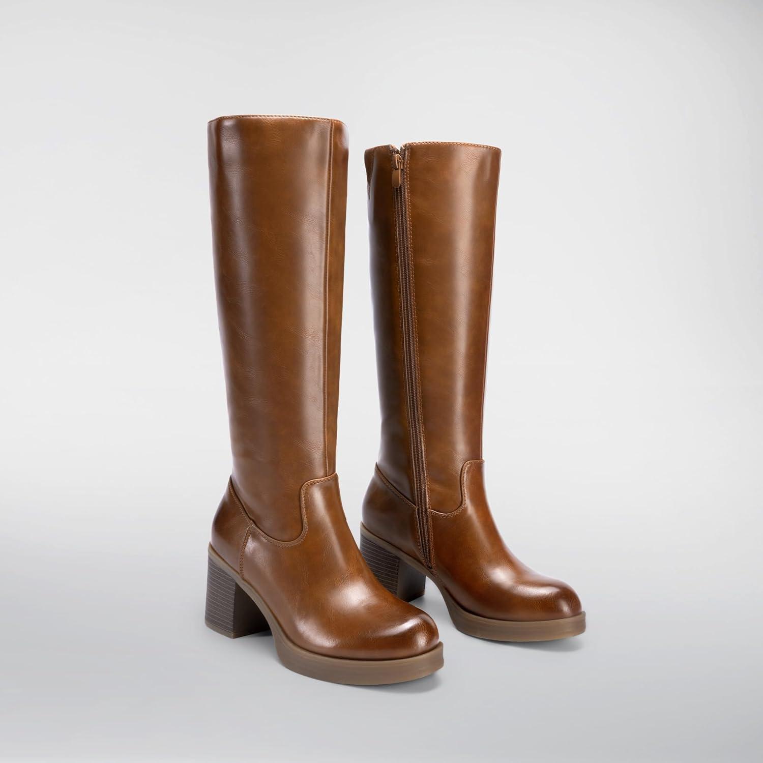 imageDREAM PAIRS Womens Knee High Boots Chunky Platform Heel Round Toe Boots for Women Side Zipper Stylish Comfortable Tall BootsBrown