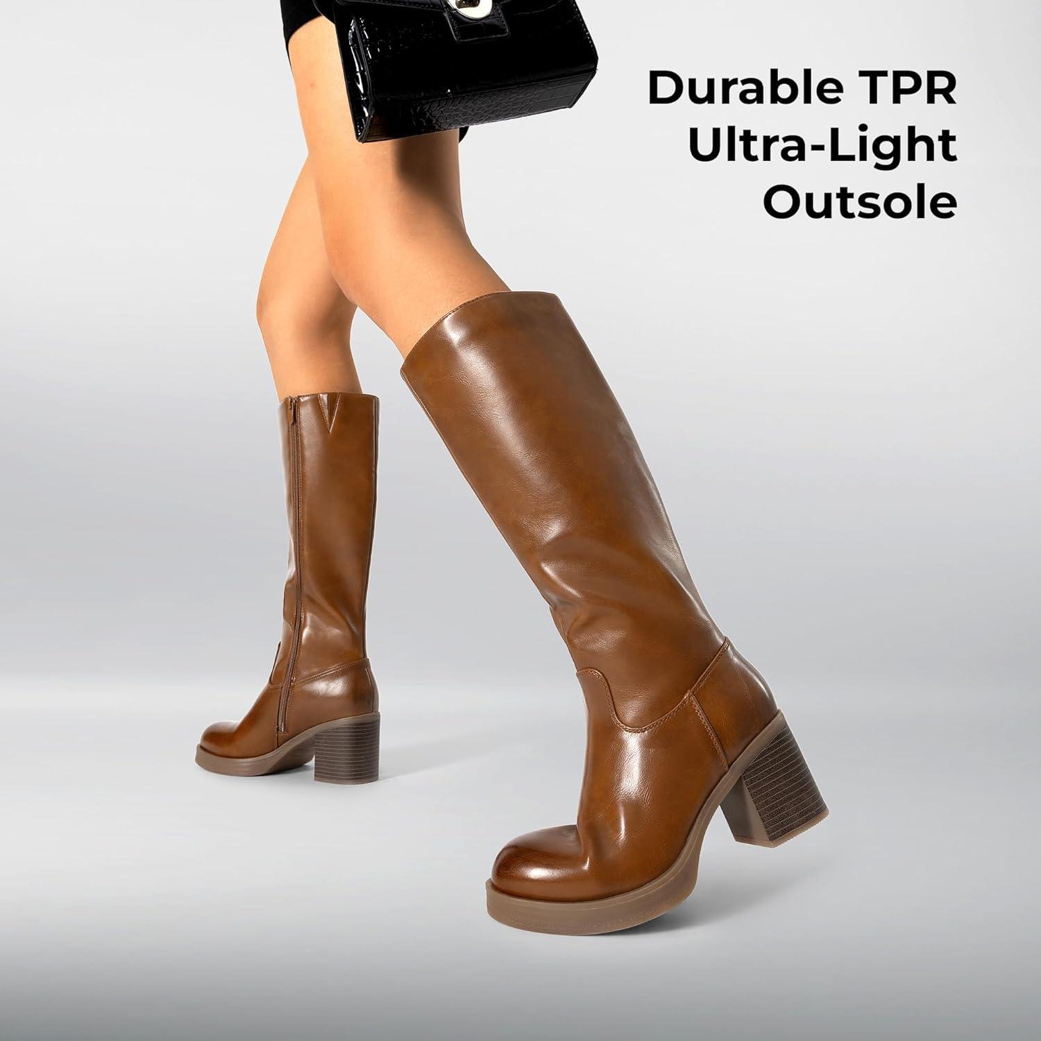 imageDREAM PAIRS Womens Knee High Boots Chunky Platform Heel Round Toe Boots for Women Side Zipper Stylish Comfortable Tall BootsBrown