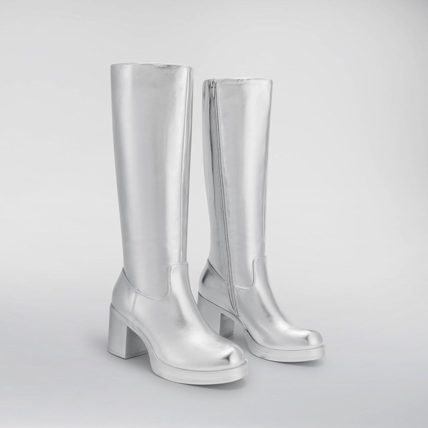 imageDREAM PAIRS Womens Knee High Boots Chunky Platform Heel Round Toe Boots for Women Side Zipper Stylish Comfortable Tall BootsSilver