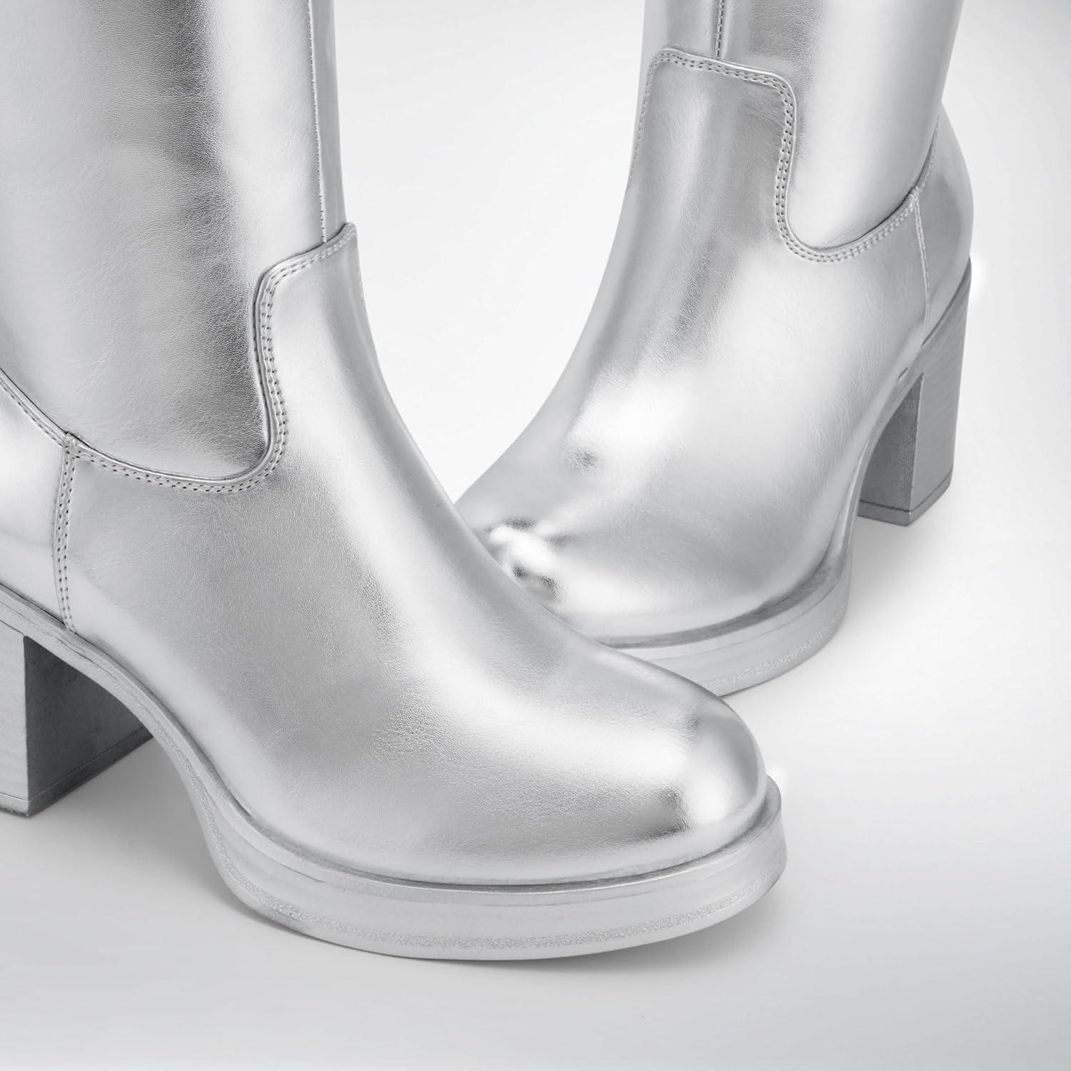 imageDREAM PAIRS Womens Knee High Boots Chunky Platform Heel Round Toe Boots for Women Side Zipper Stylish Comfortable Tall BootsSilver