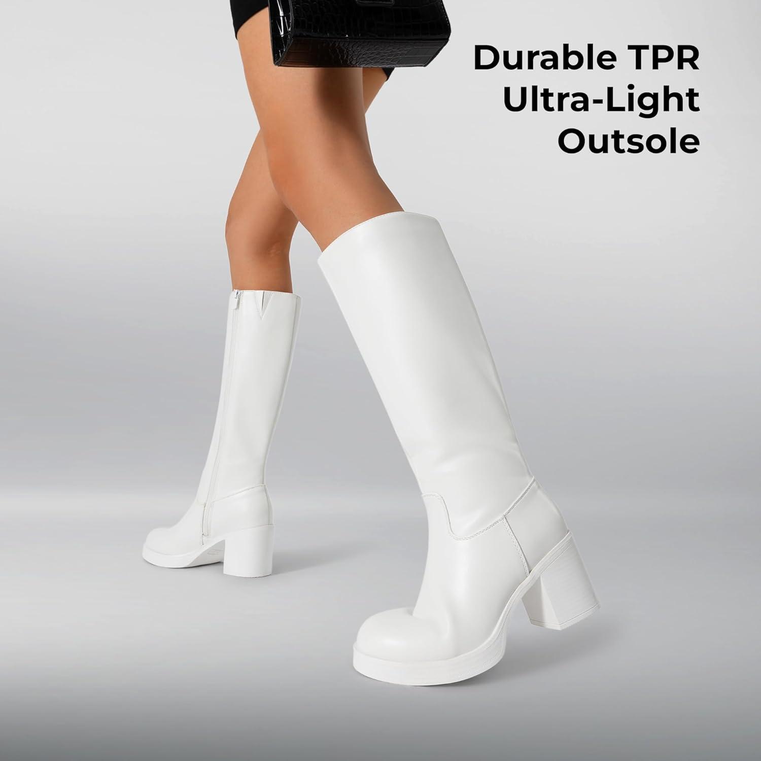 imageDREAM PAIRS Womens Knee High Boots Chunky Platform Heel Round Toe Boots for Women Side Zipper Stylish Comfortable Tall BootsWhite