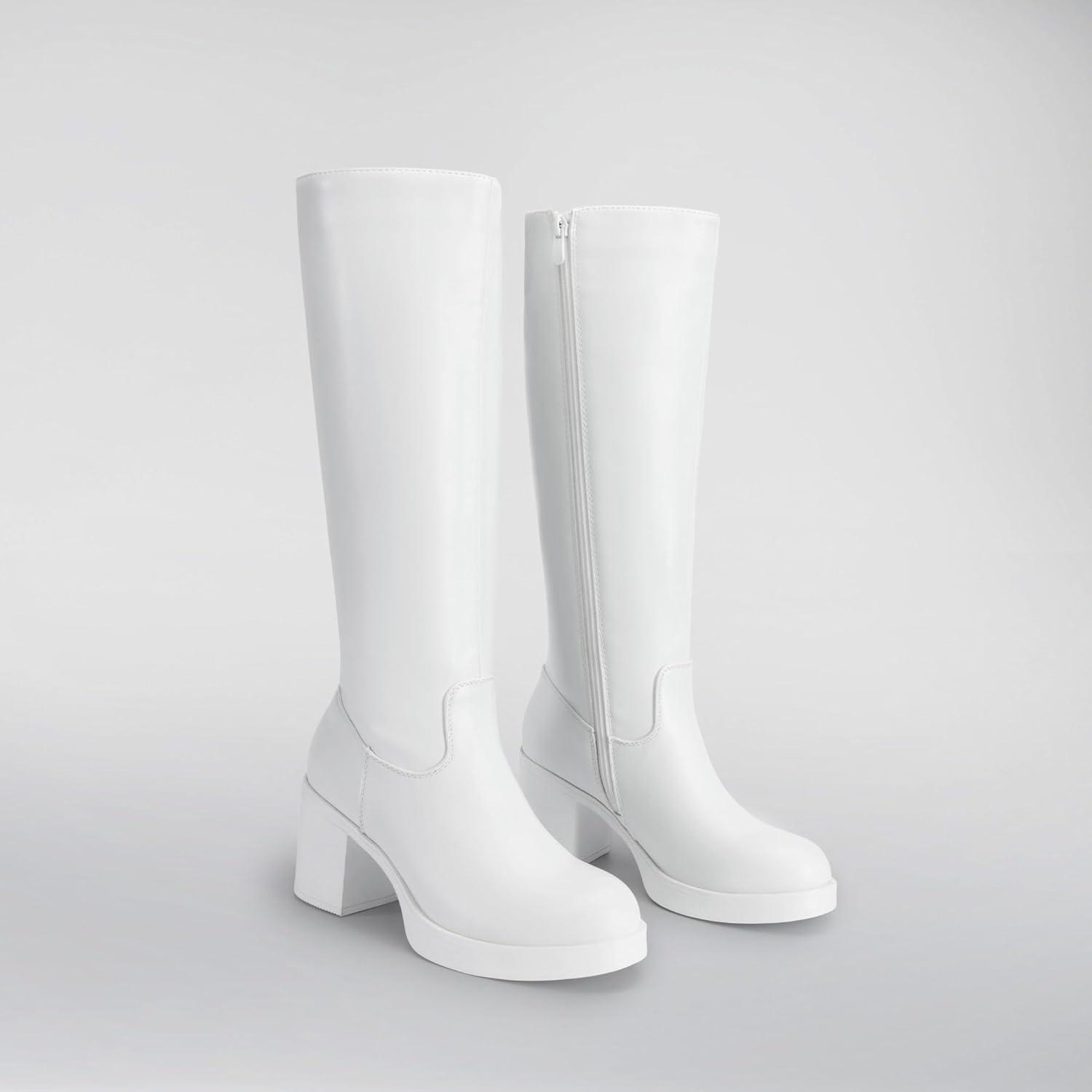 imageDREAM PAIRS Womens Knee High Boots Chunky Platform Heel Round Toe Boots for Women Side Zipper Stylish Comfortable Tall BootsWhite