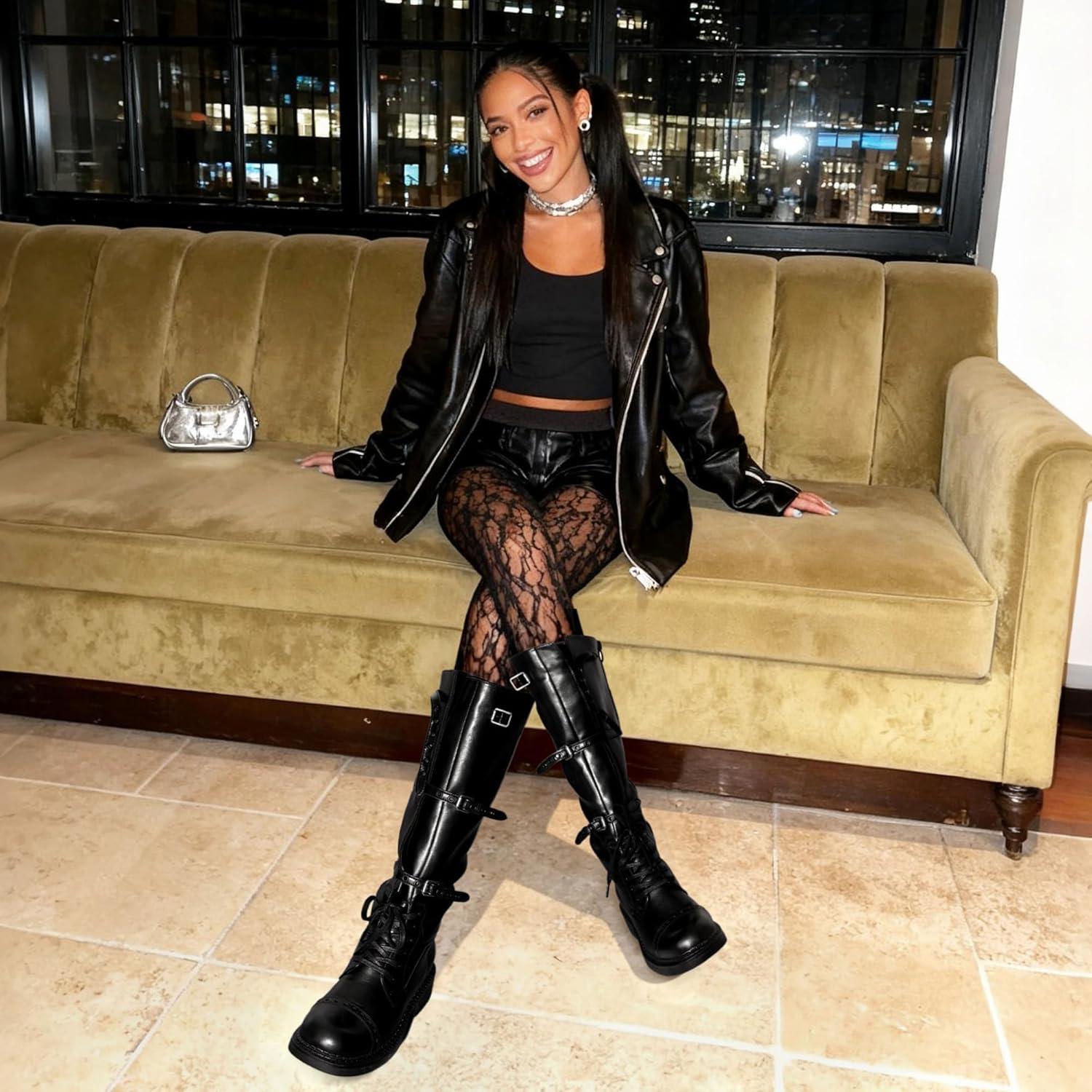 imageDREAM PAIRS Womens Knee High Boots Combat Boots Goth Boot Lace Up Adjustable Buckles Chunky Low Heel Fall Booties with Side Zipper to Put on and offBlack