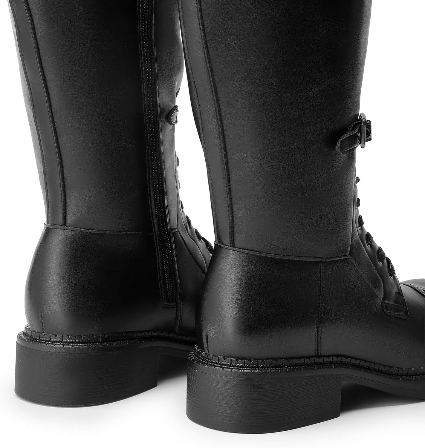 imageDREAM PAIRS Womens Knee High Boots Combat Boots Goth Boot Lace Up Adjustable Buckles Chunky Low Heel Fall Booties with Side Zipper to Put on and offBlack